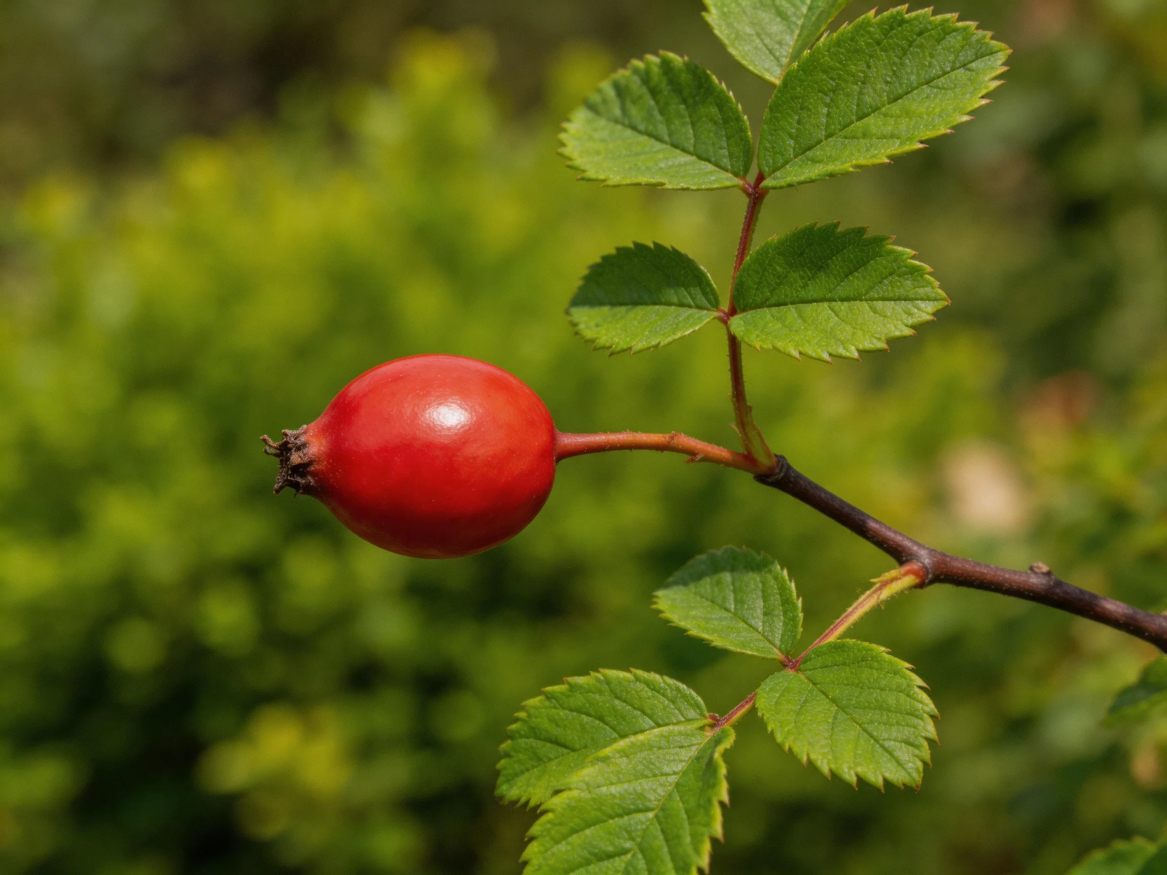 A bright red berry hangs from a branch with serrated green leaves