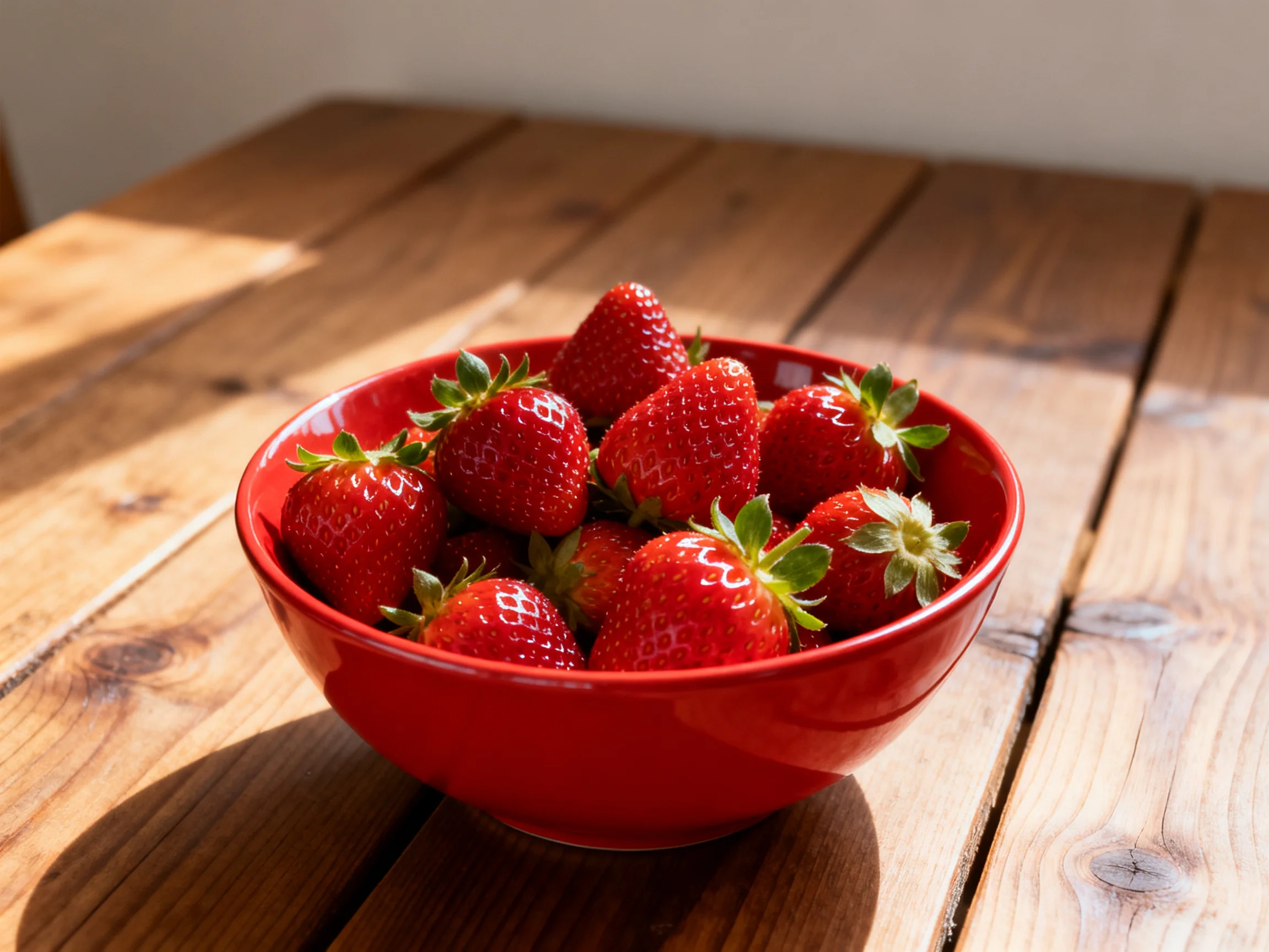 A bright red bowl filled with ripe strawberries sits on a wooden table