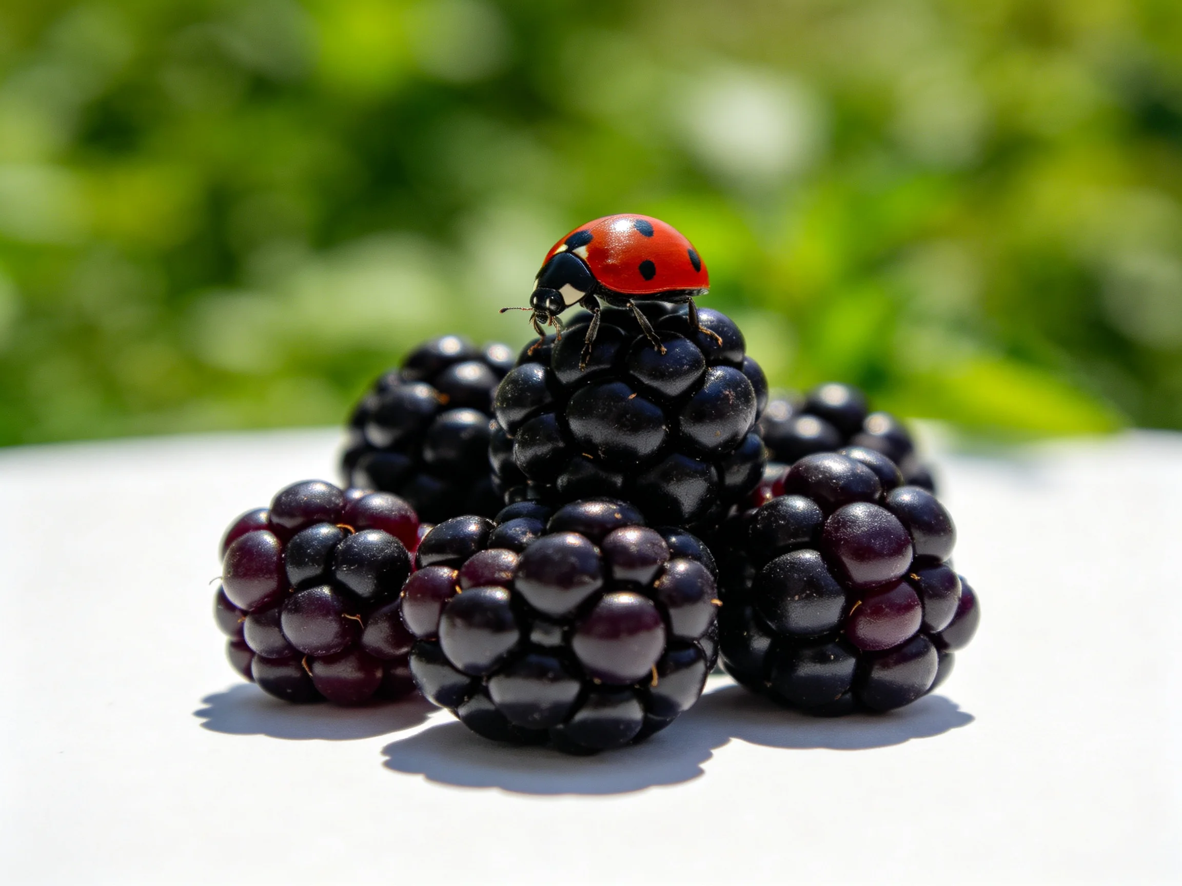 A bright red ladybug perches on glossy blackberries