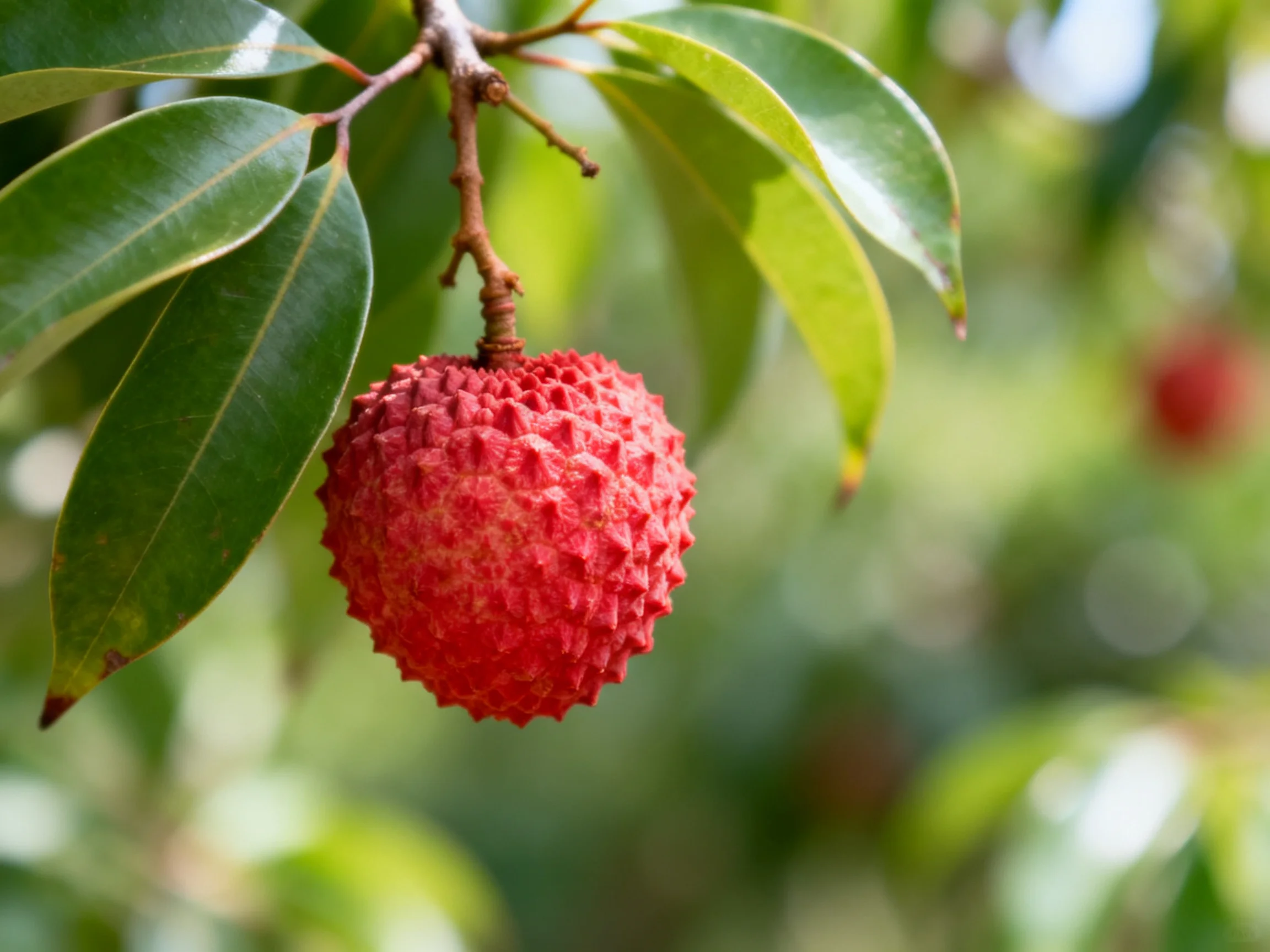 A bright red lychee with spiky exterior hangs among glossy green leaves