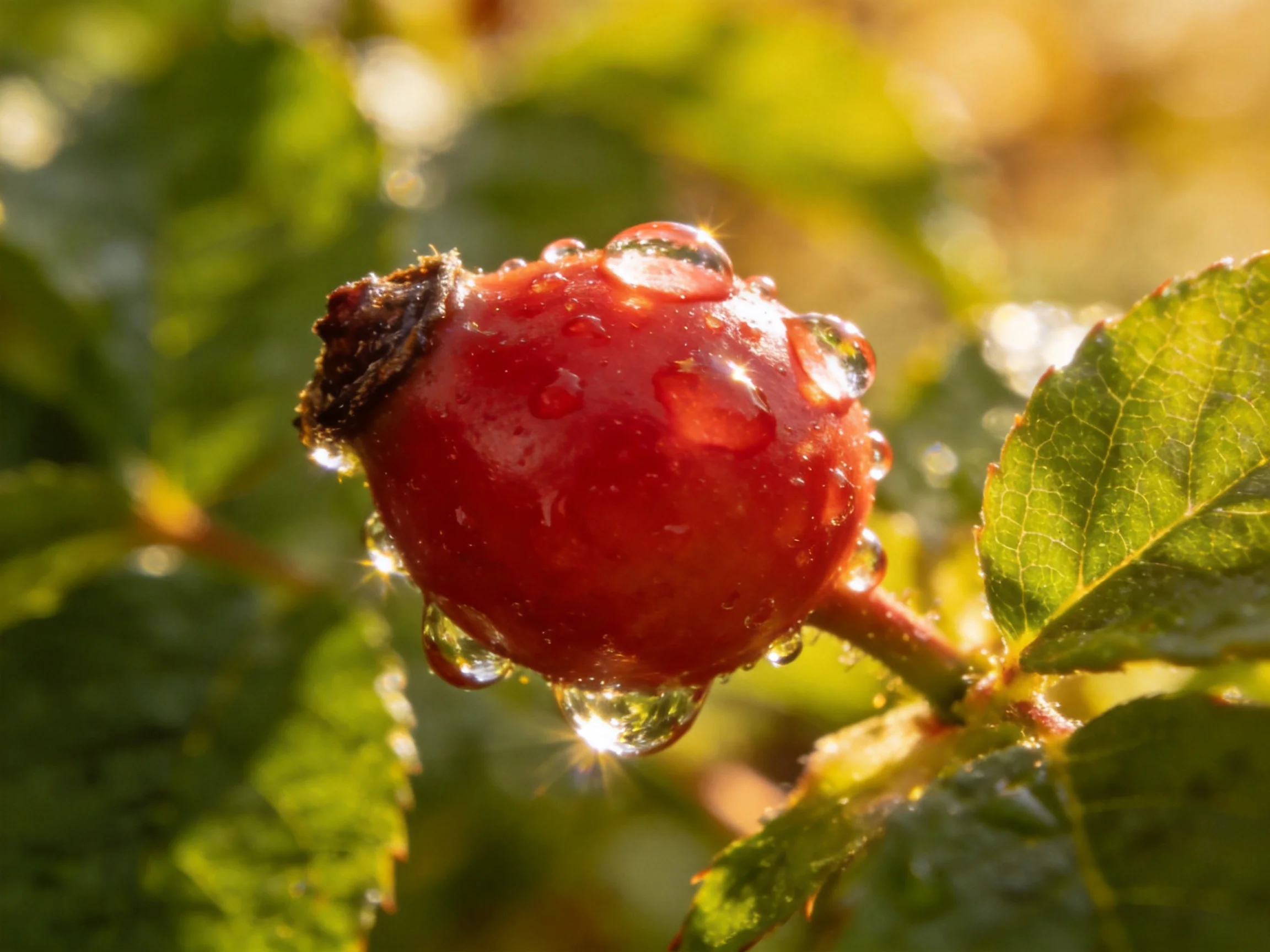A bright red rose hip with sparkling dewdrops on green leaves