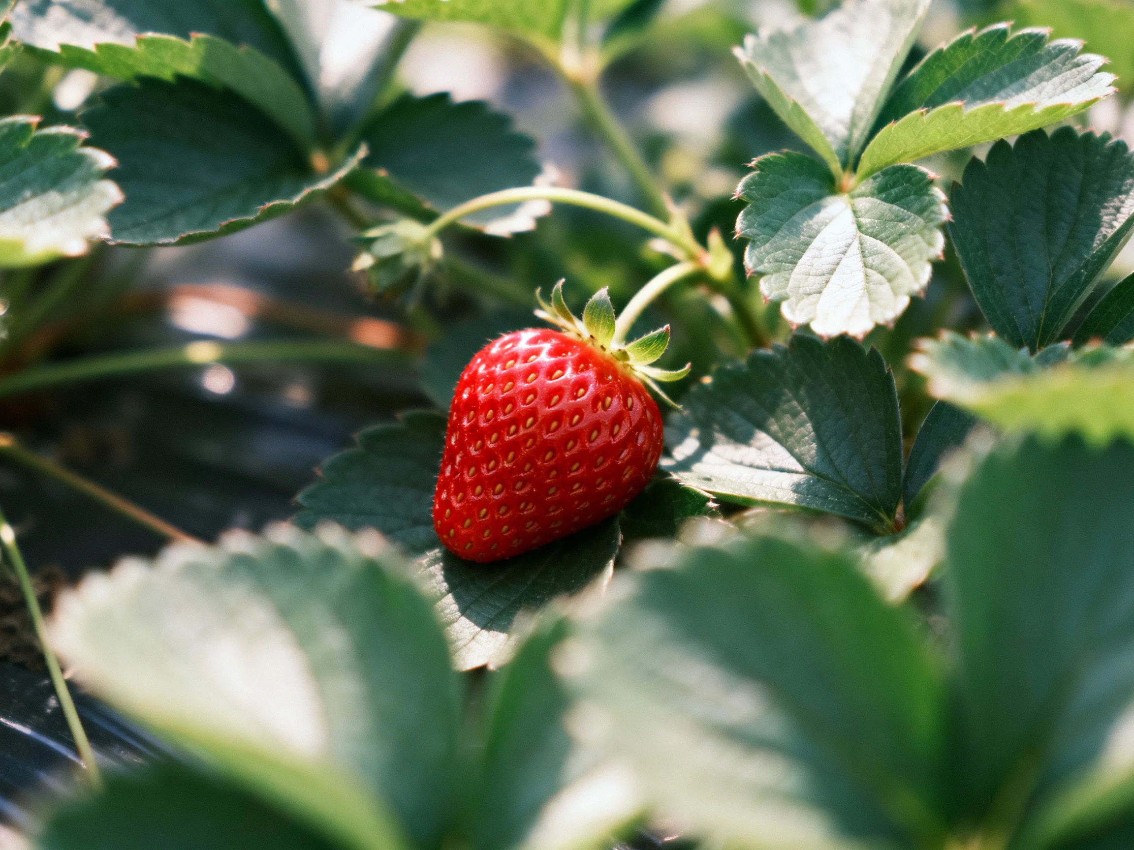 A bright red strawberry amidst lush green strawberry foliage