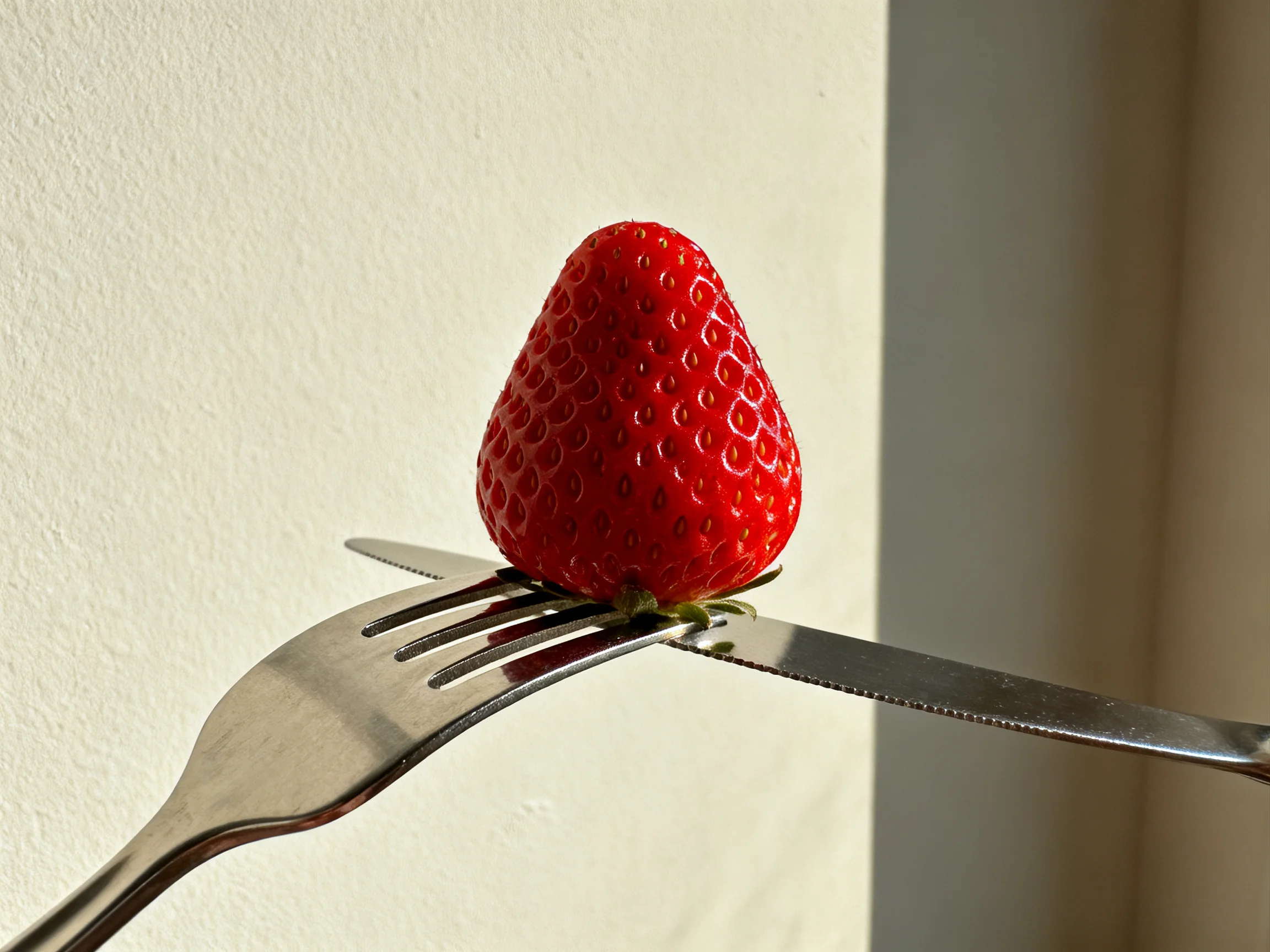 A bright red strawberry between silver fork and knife