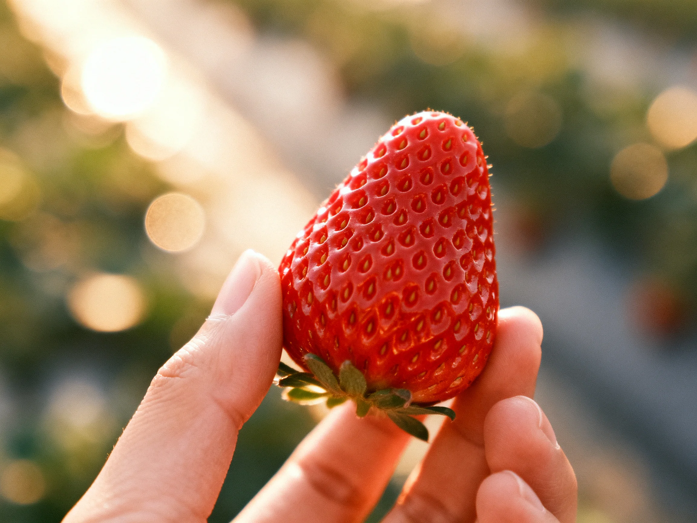 A bright red strawberry held by fingers in a sunlit outdoor scene