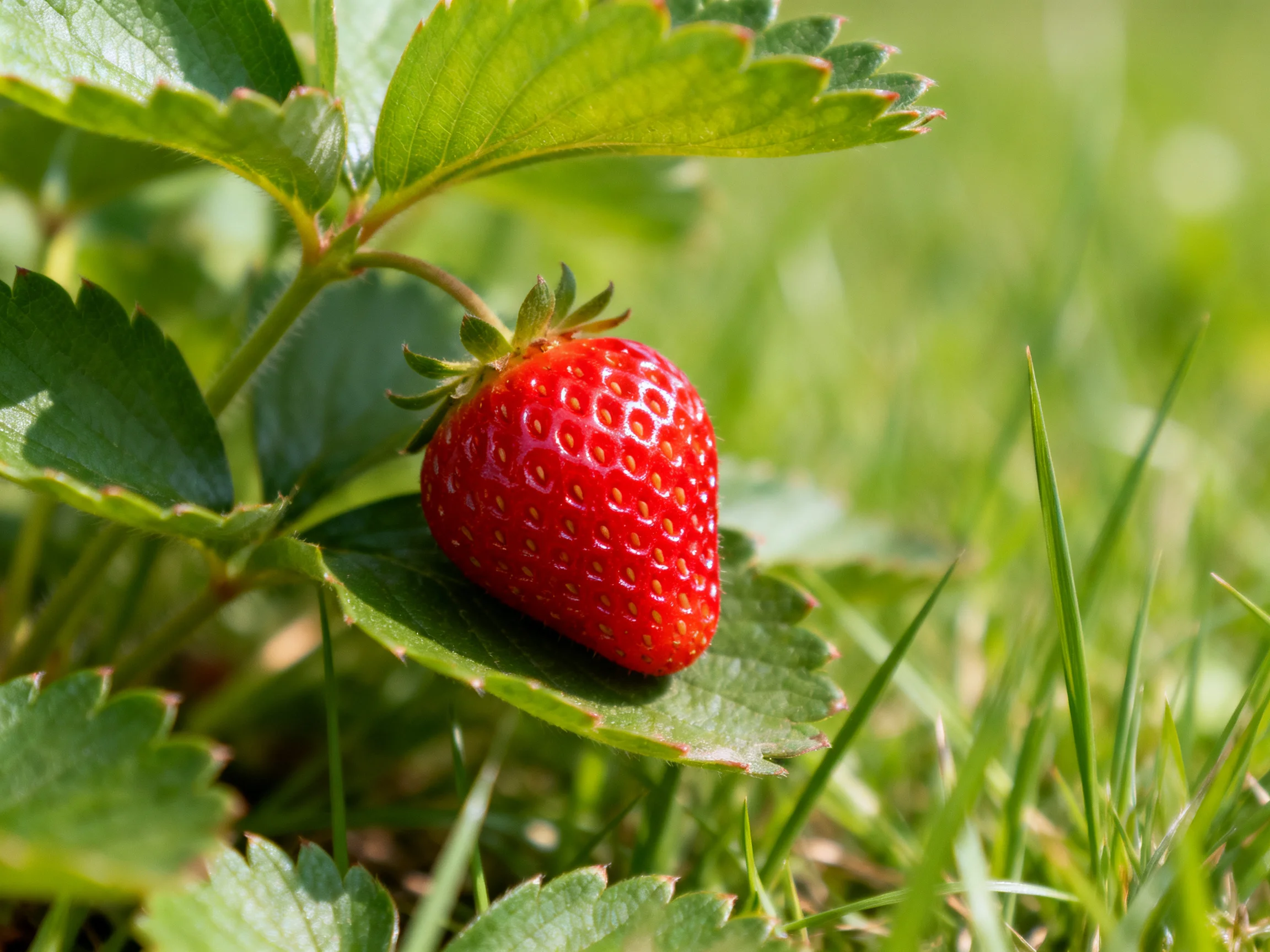 A bright red strawberry nestled among green foliage and grass