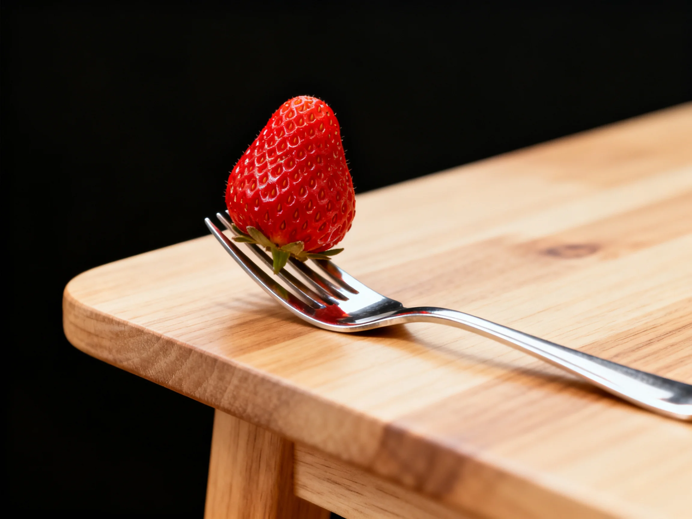 A bright red strawberry on a silver fork atop a wooden table