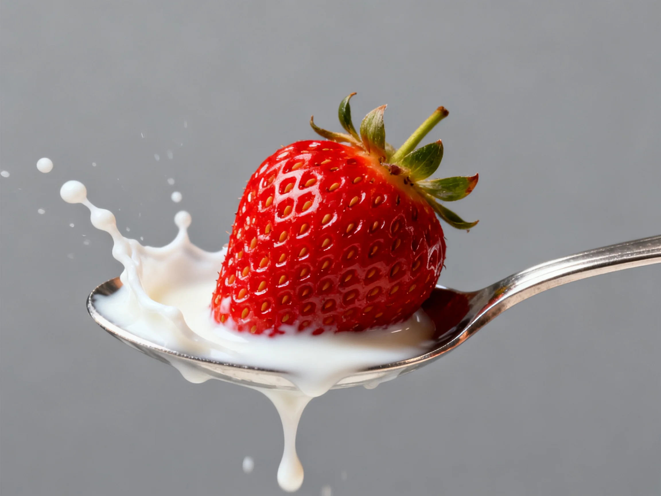 A bright red strawberry on a silver spoon with splashing white milk