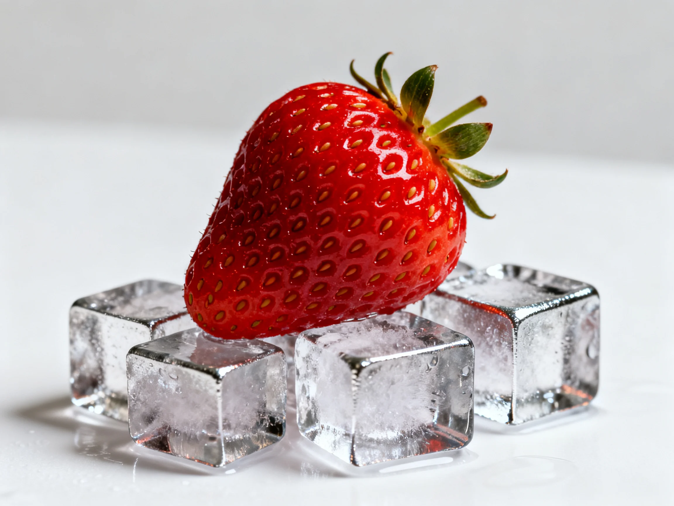 A bright red strawberry sits atop four clear ice cubes