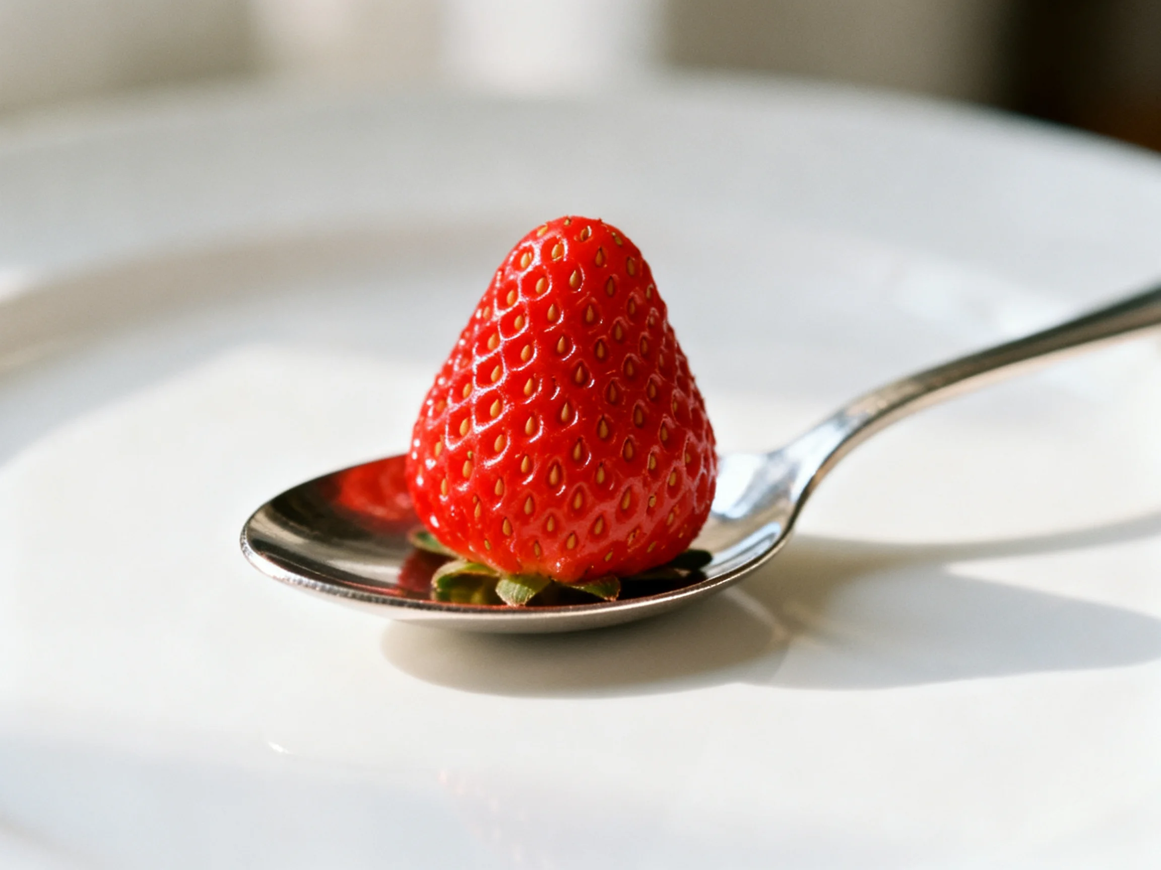 A bright red strawberry sits on a silver spoon over a white plate
