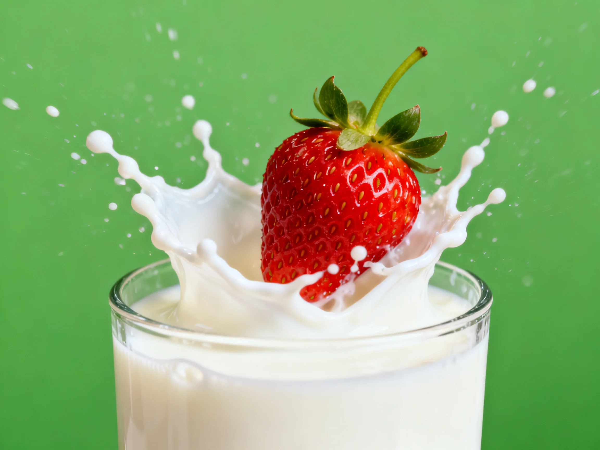 A bright red strawberry splashes into a glass of milk