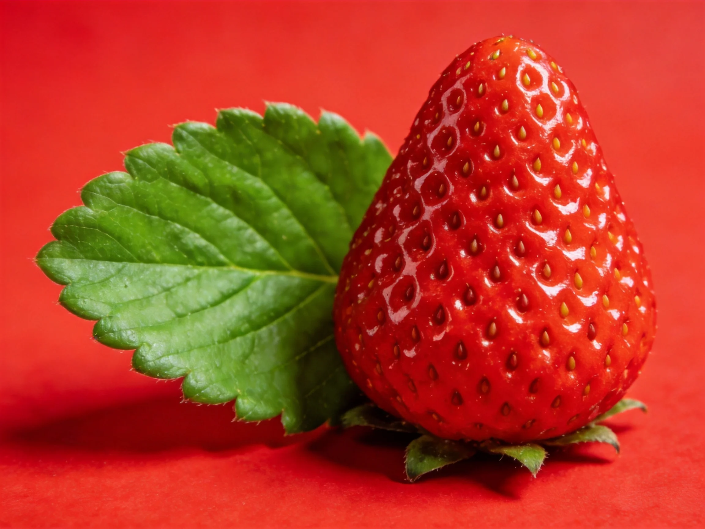A bright red strawberry with a glossy green leaf on solid red background