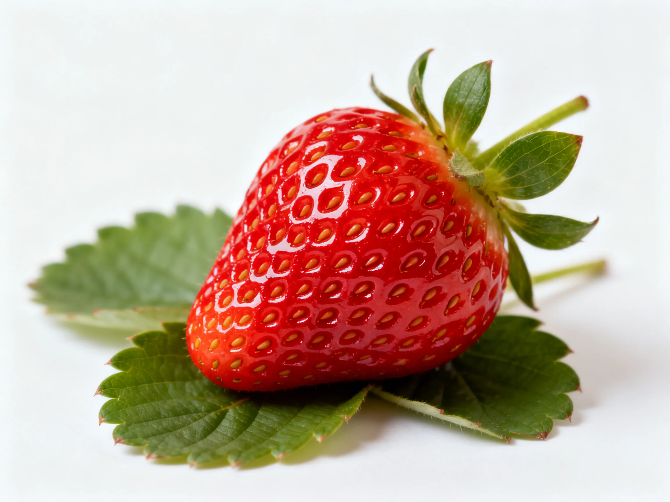 A bright red strawberry with seeds sits on fresh green leaves