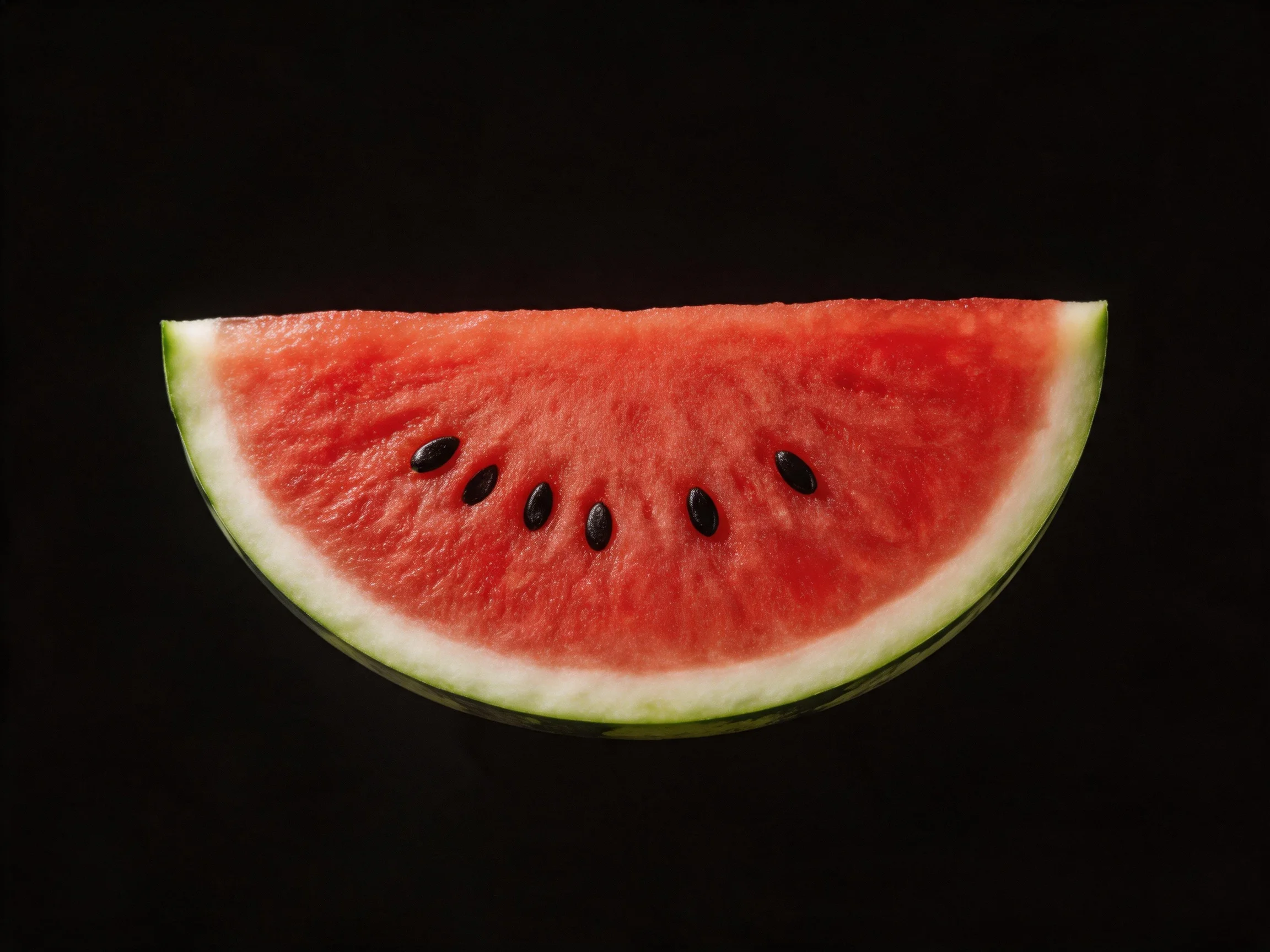 A bright red watermelon slice with black seeds on a black background
