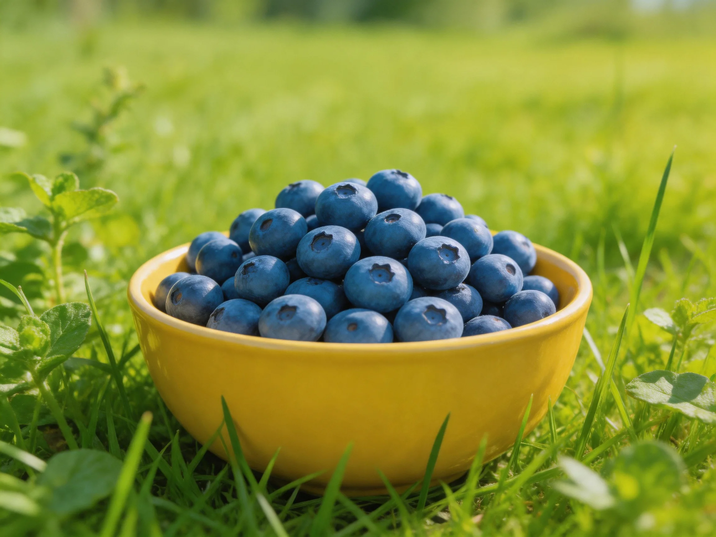 A bright yellow bowl overflowing with plump blueberries on lush green grass