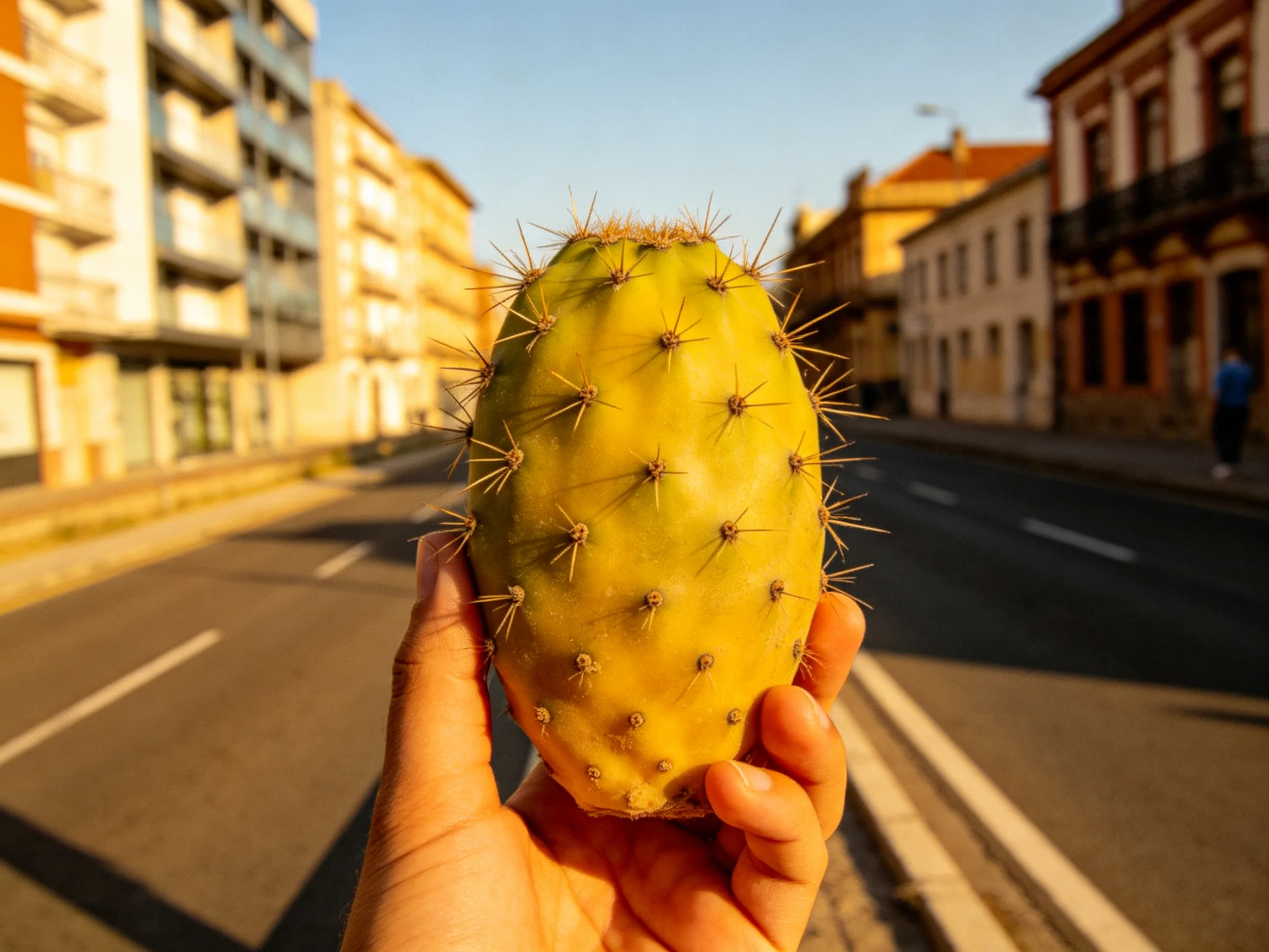 A bright yellow cactus held up against an urban street backdrop