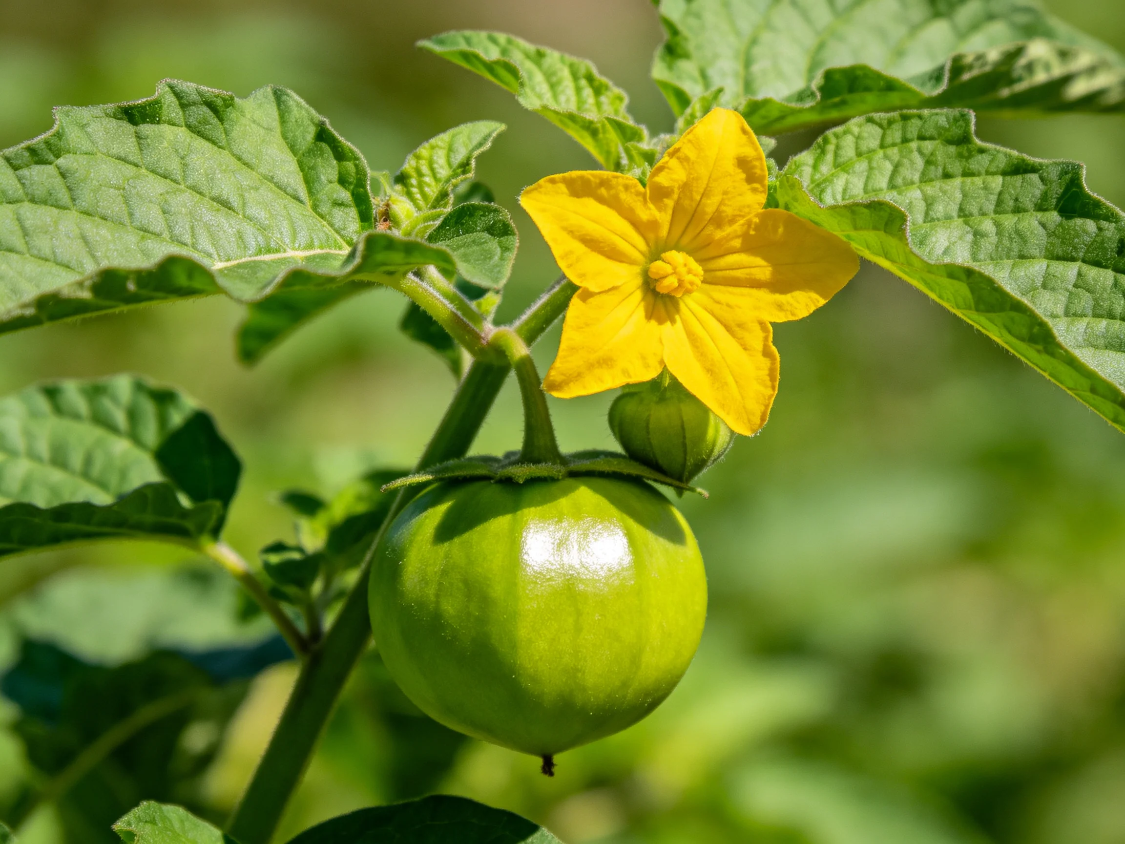 A bright yellow flower beside a round green fruit amid lush greenery