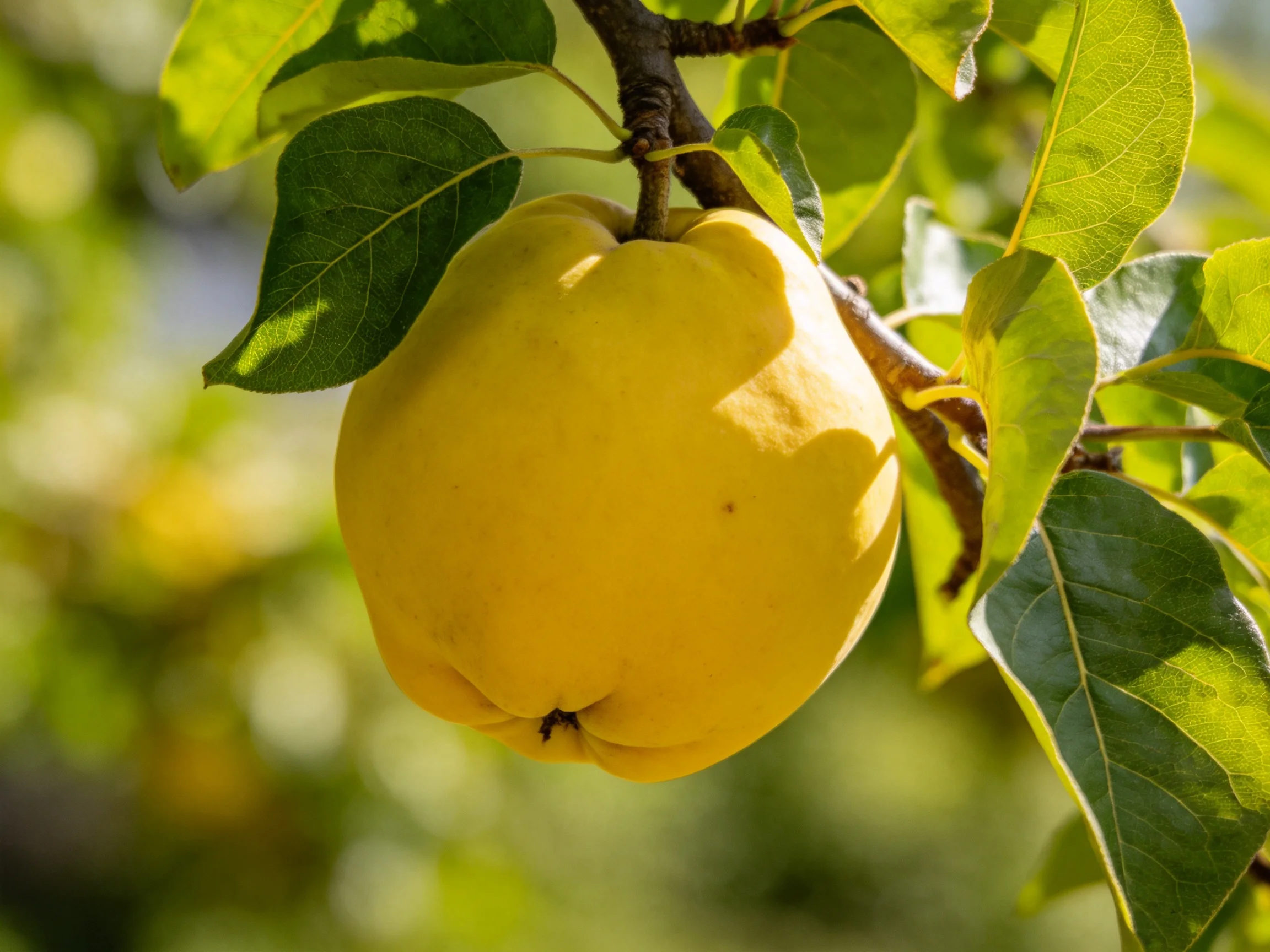 A bright yellow fruit hangs from a leafy tree branch