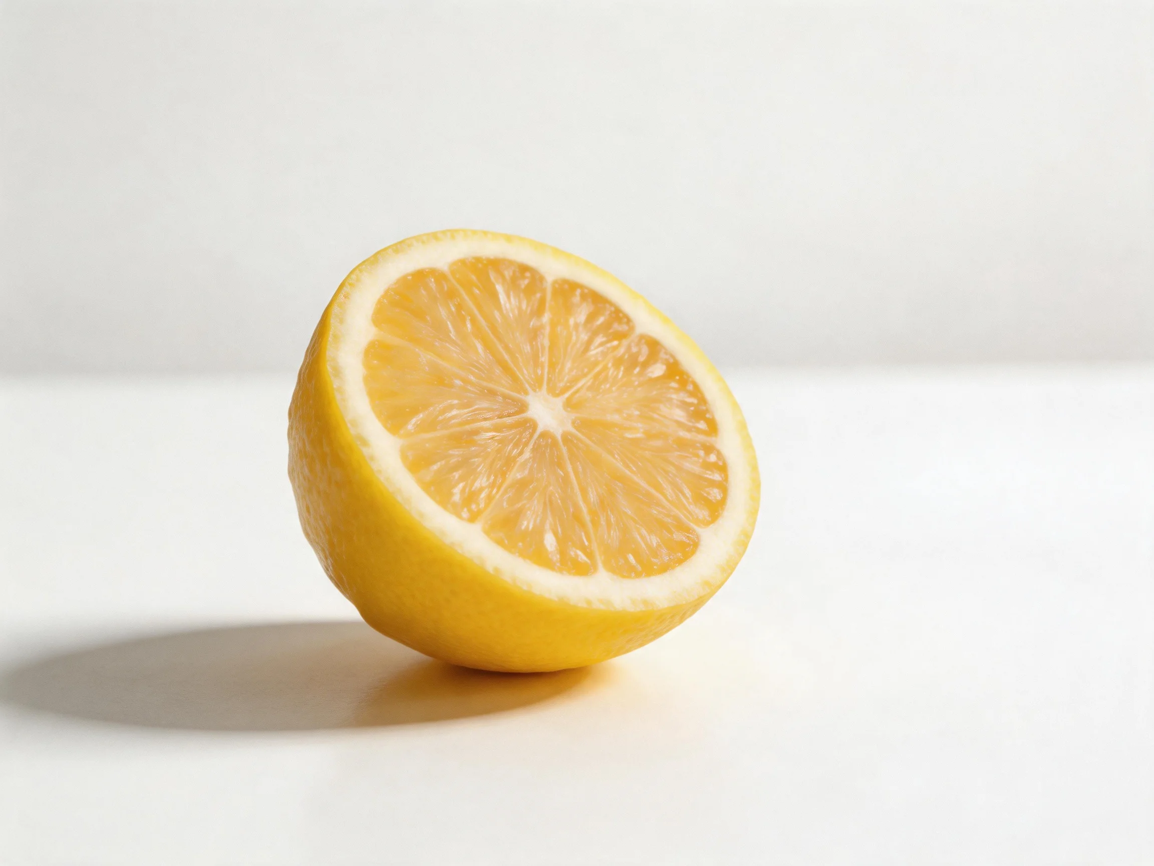 A bright yellow halved lemon placed on a white surface