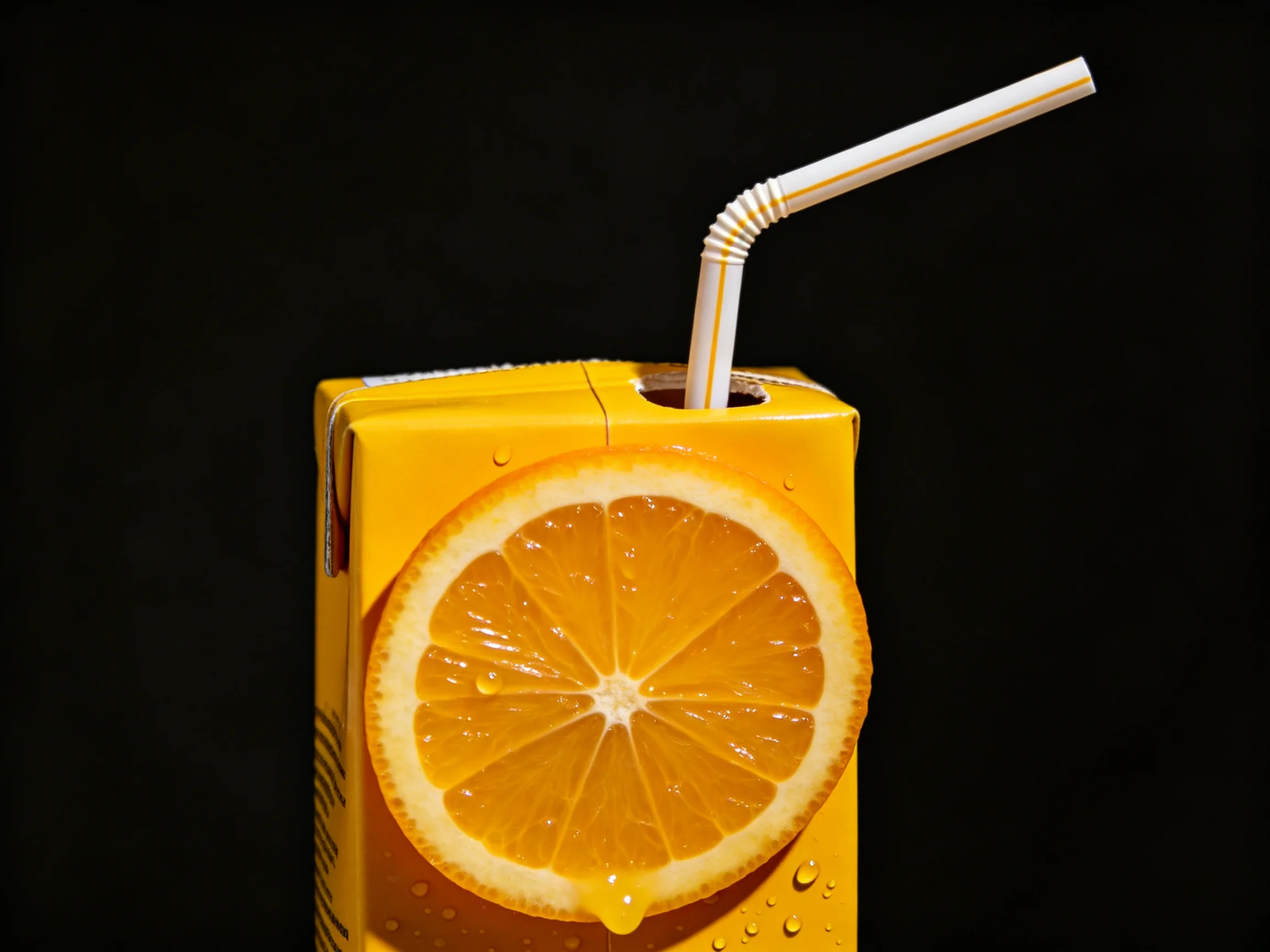 A bright yellow juice carton with an orange slice and flexible straw