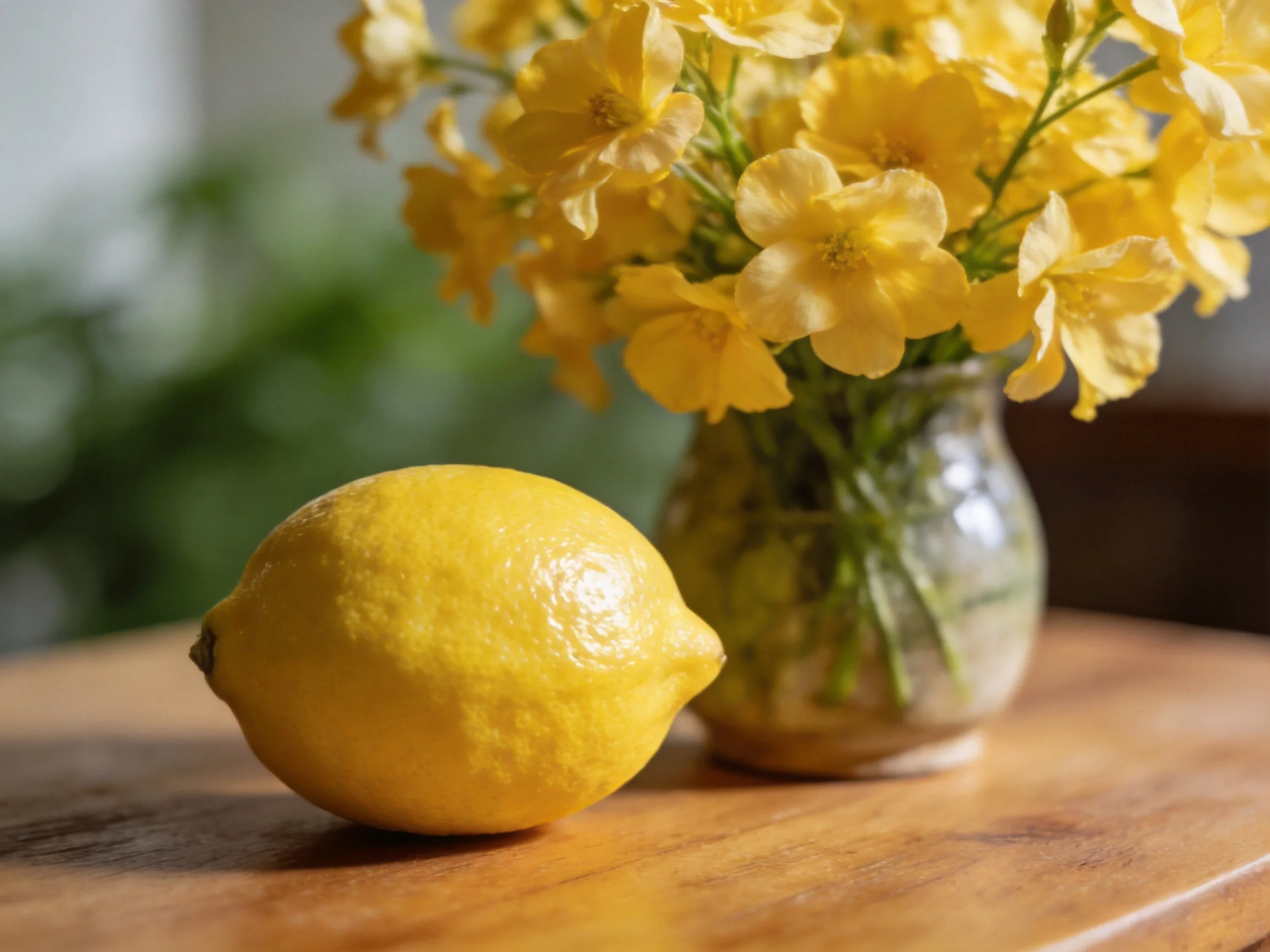 A bright yellow lemon beside a bouquet of yellow flowers in a glass vase