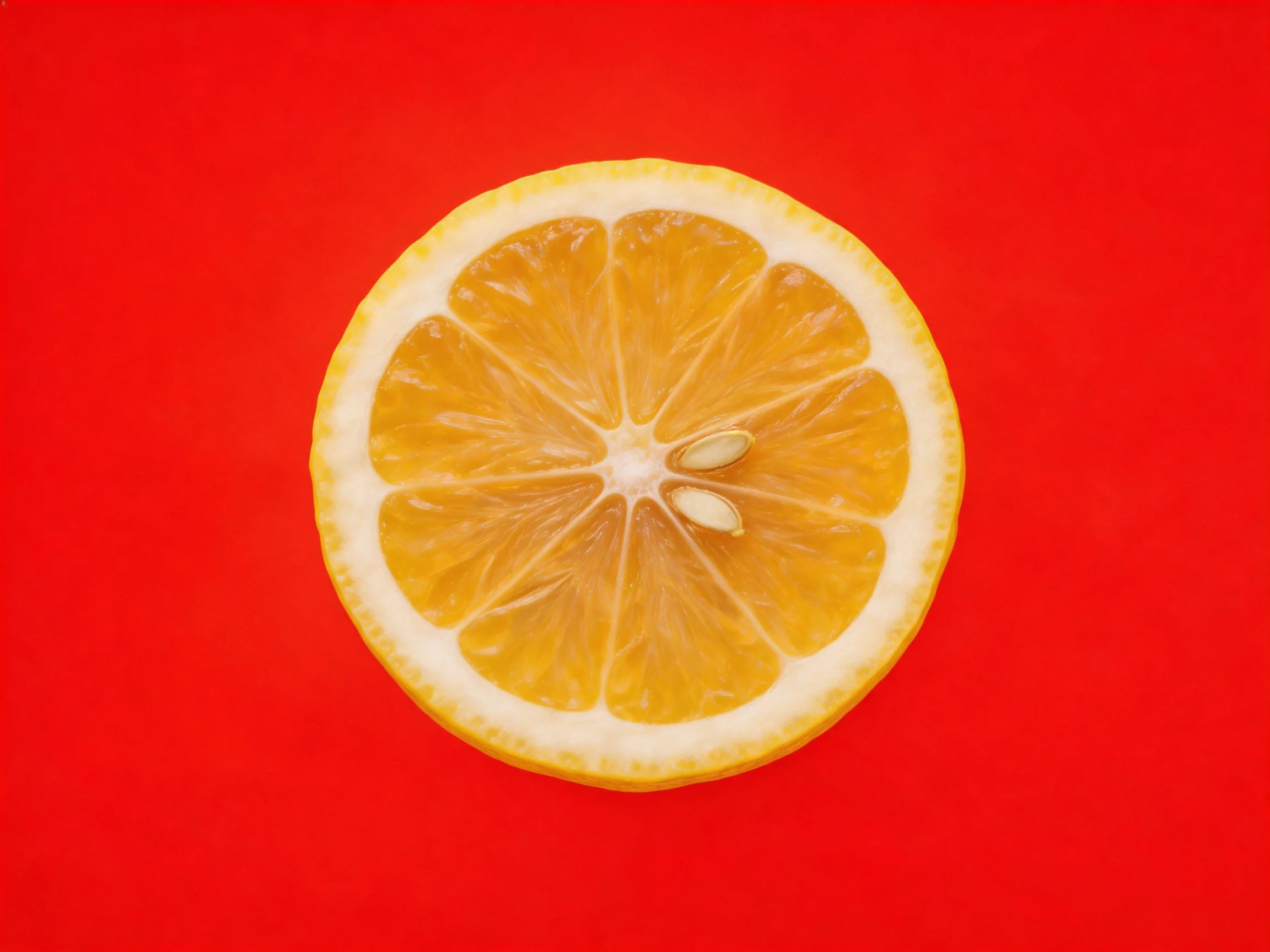 A bright yellow lemon half sliced open on a solid red background