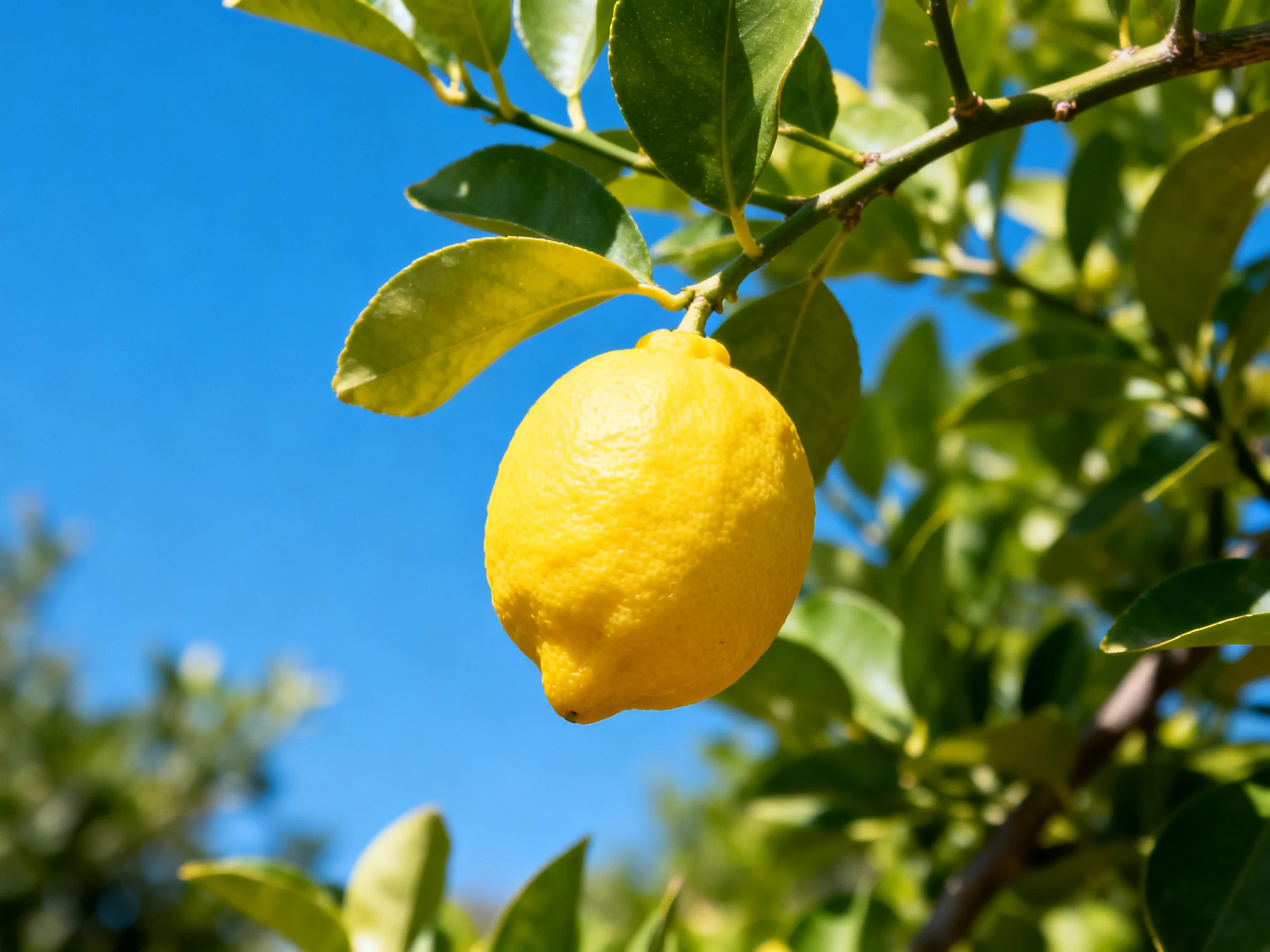 A bright yellow lemon hangs from a leafy branch under clear blue sky
