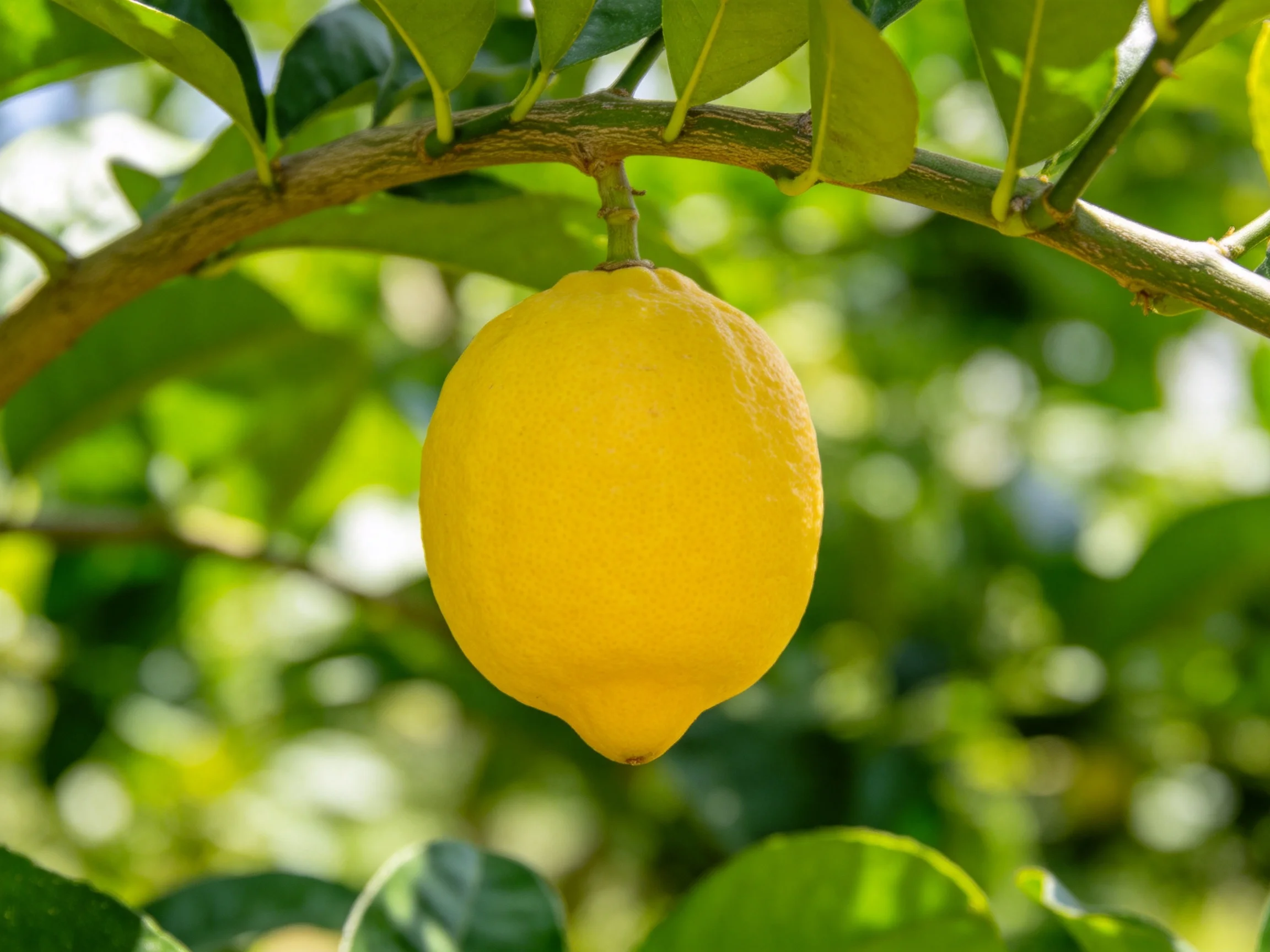 A bright yellow lemon hangs from a leafy citrus branch
