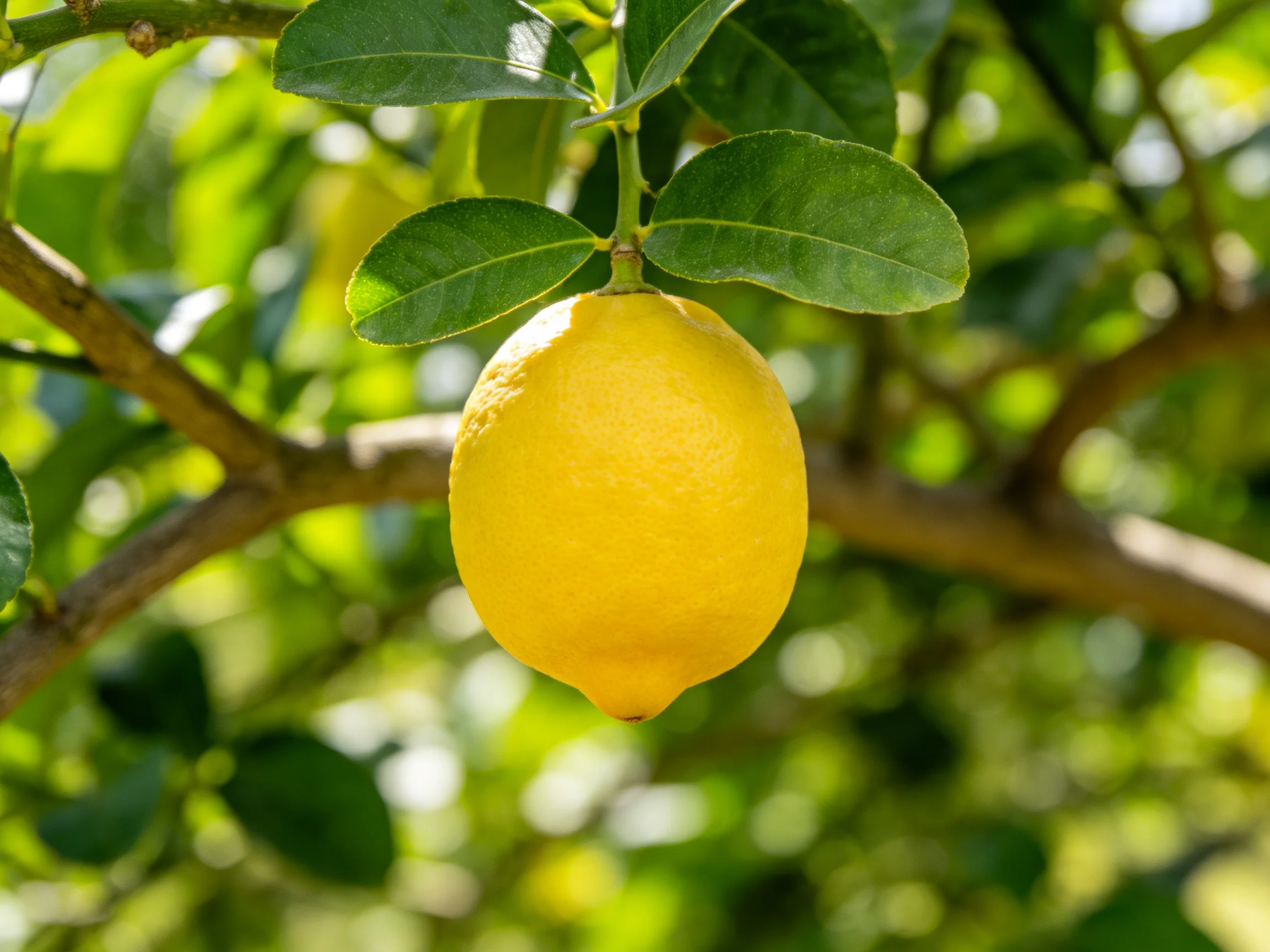 A bright yellow lemon hangs from a leafy citrus tree branch