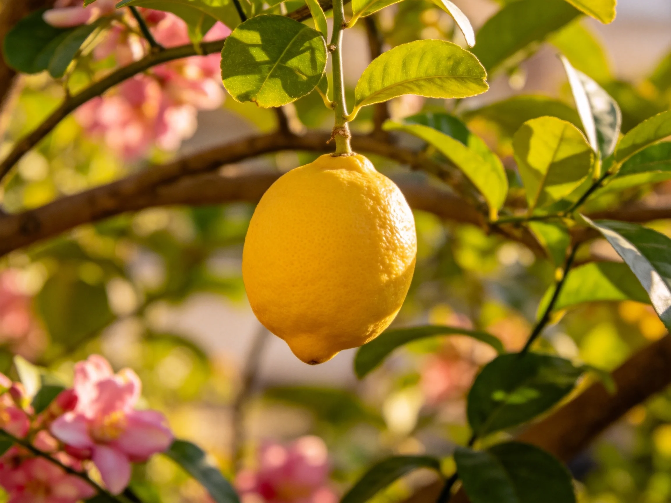 A bright yellow lemon hangs from a tree with pink blossoms and green leaves
