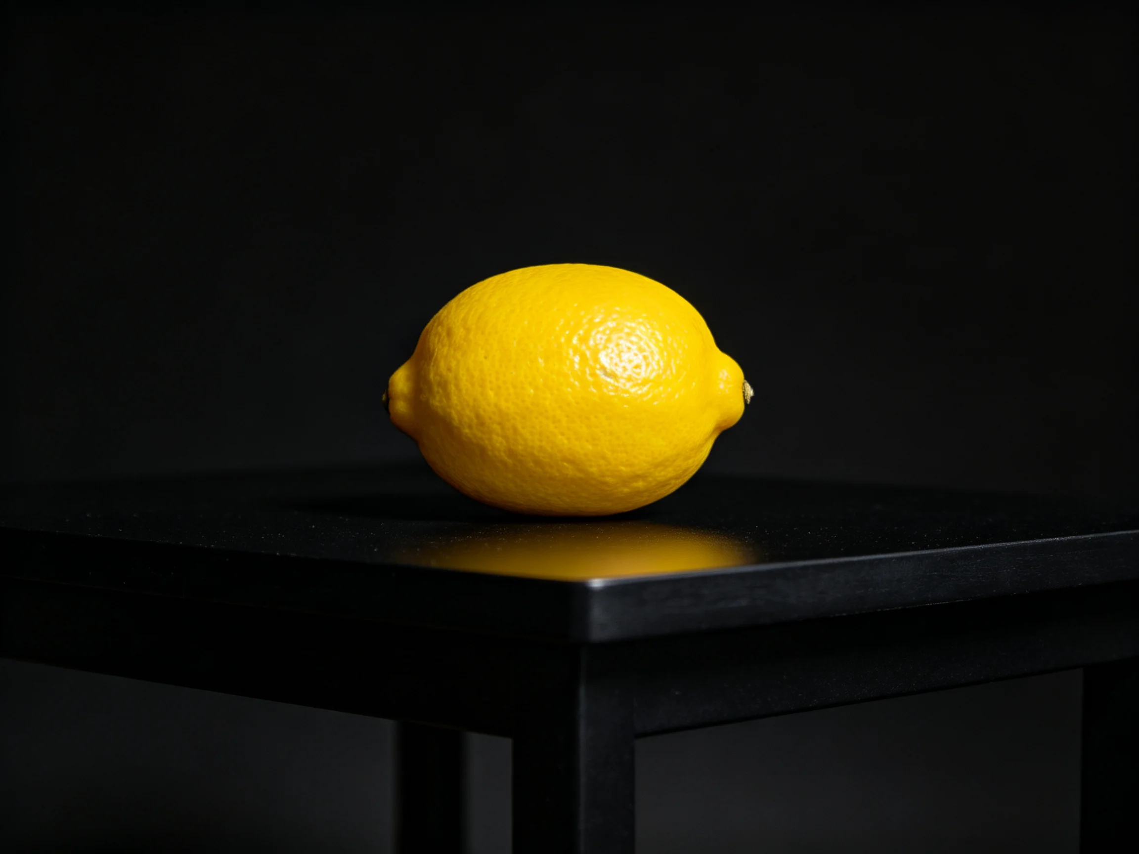 A bright yellow lemon on a glossy black table with dark backdrop