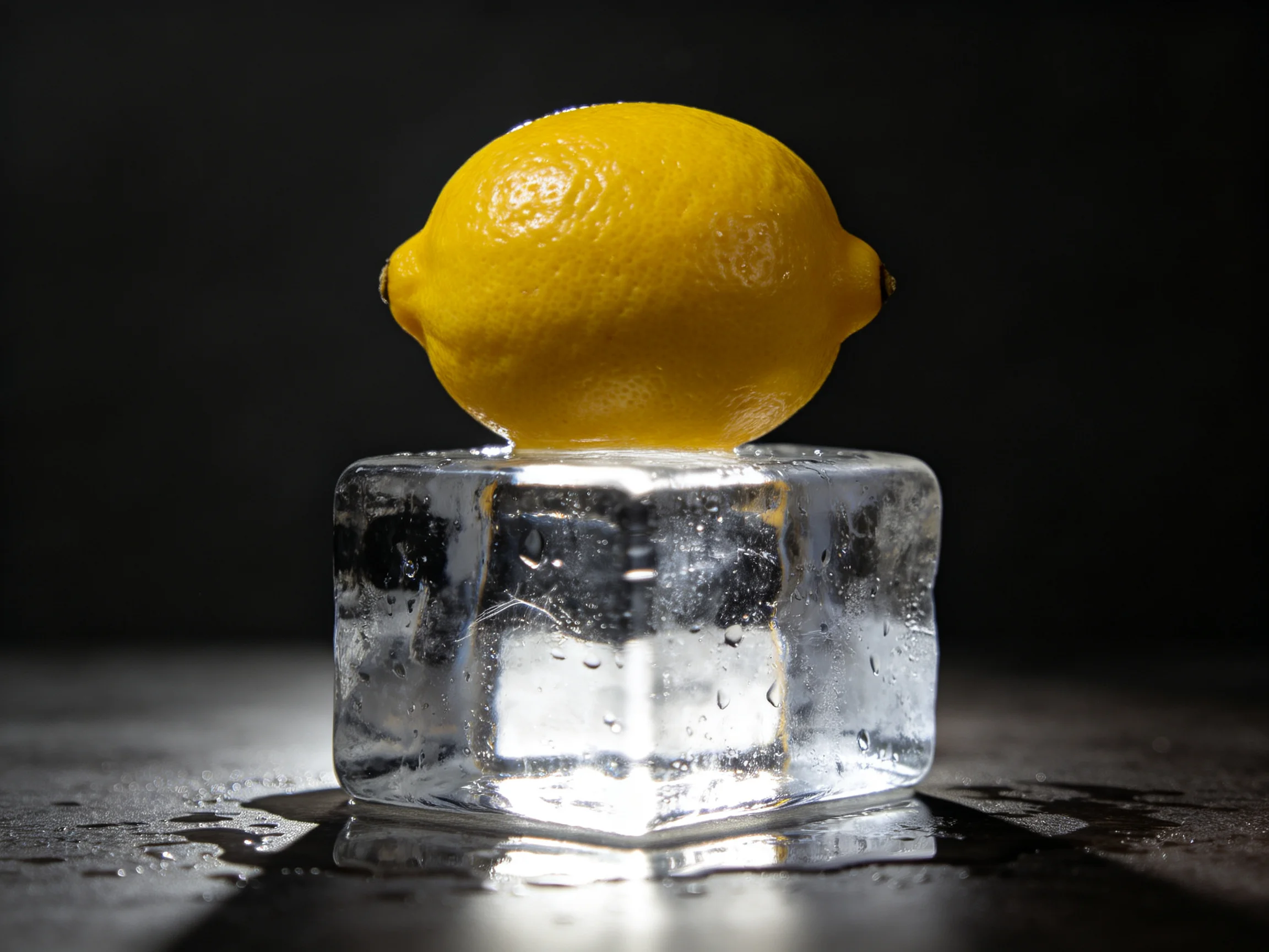 A bright yellow lemon rests atop a clear ice cube with a dark backdrop.
