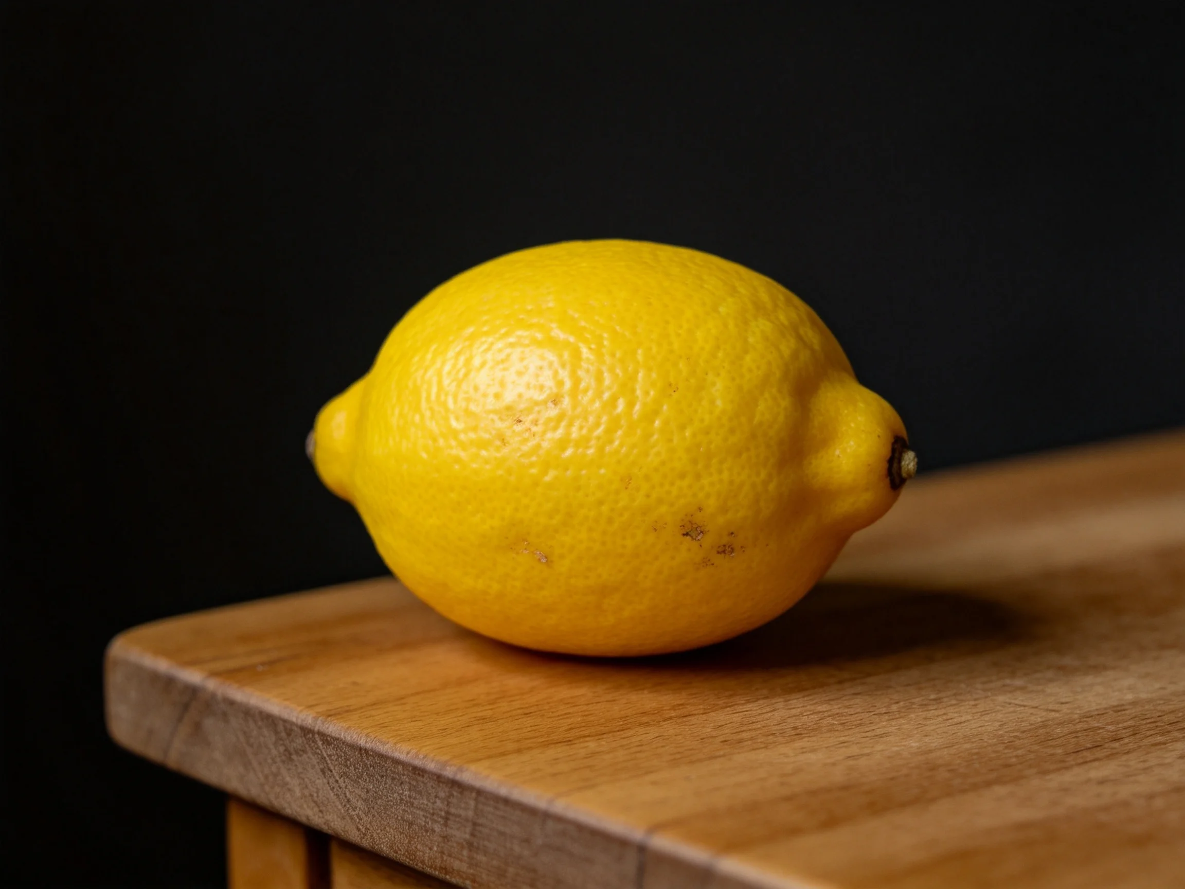 A bright yellow lemon rests on a polished wooden surface against a dark backdrop