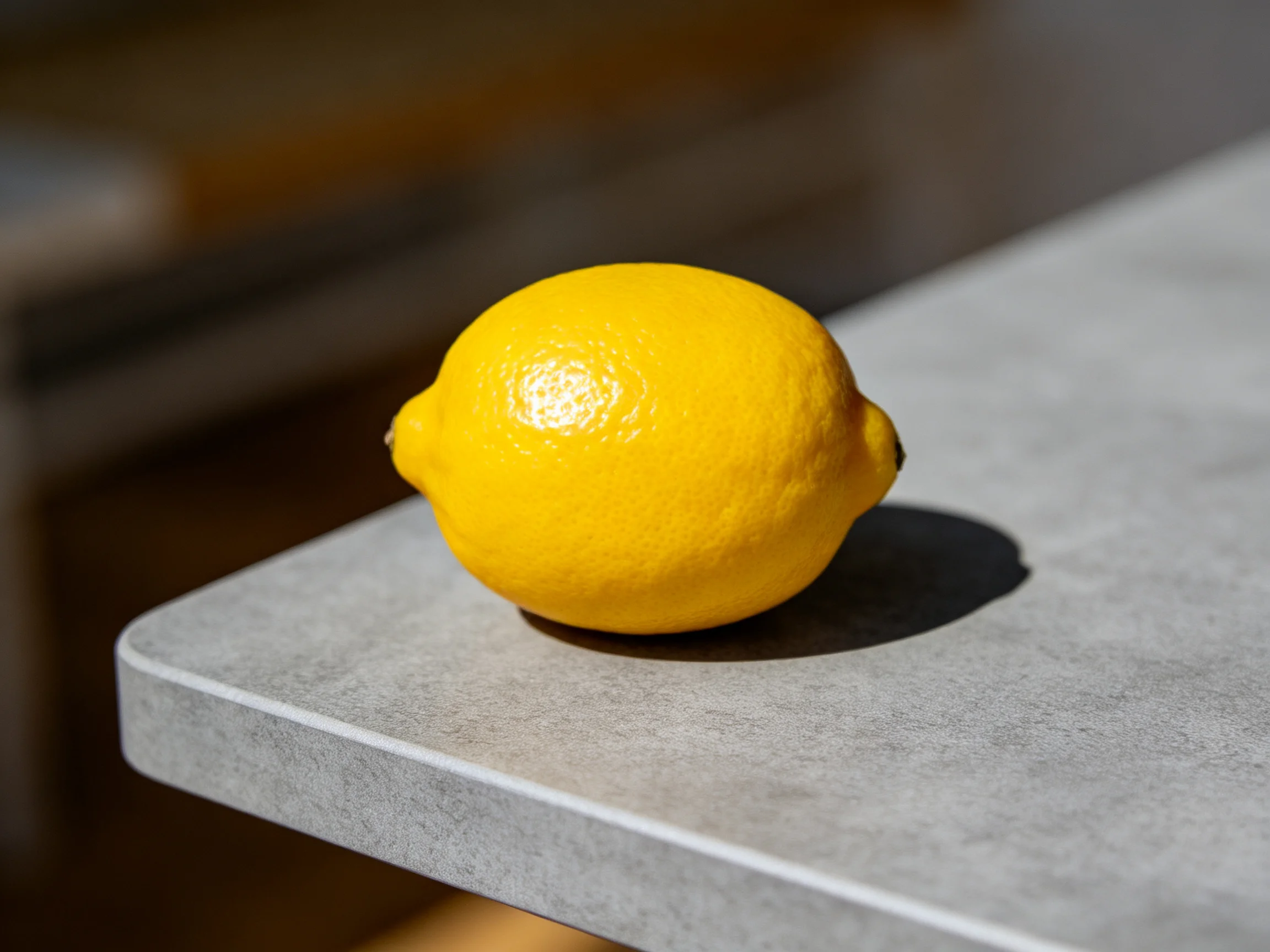 A bright yellow lemon rests on a smooth gray countertop