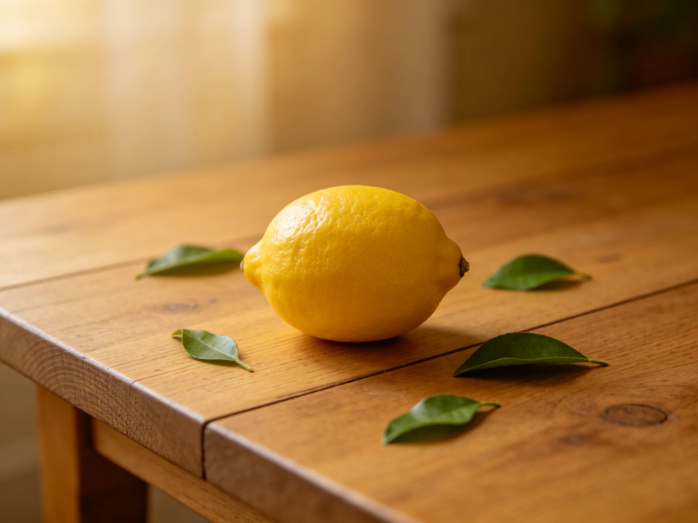A bright yellow lemon rests on a wooden table with green leaves