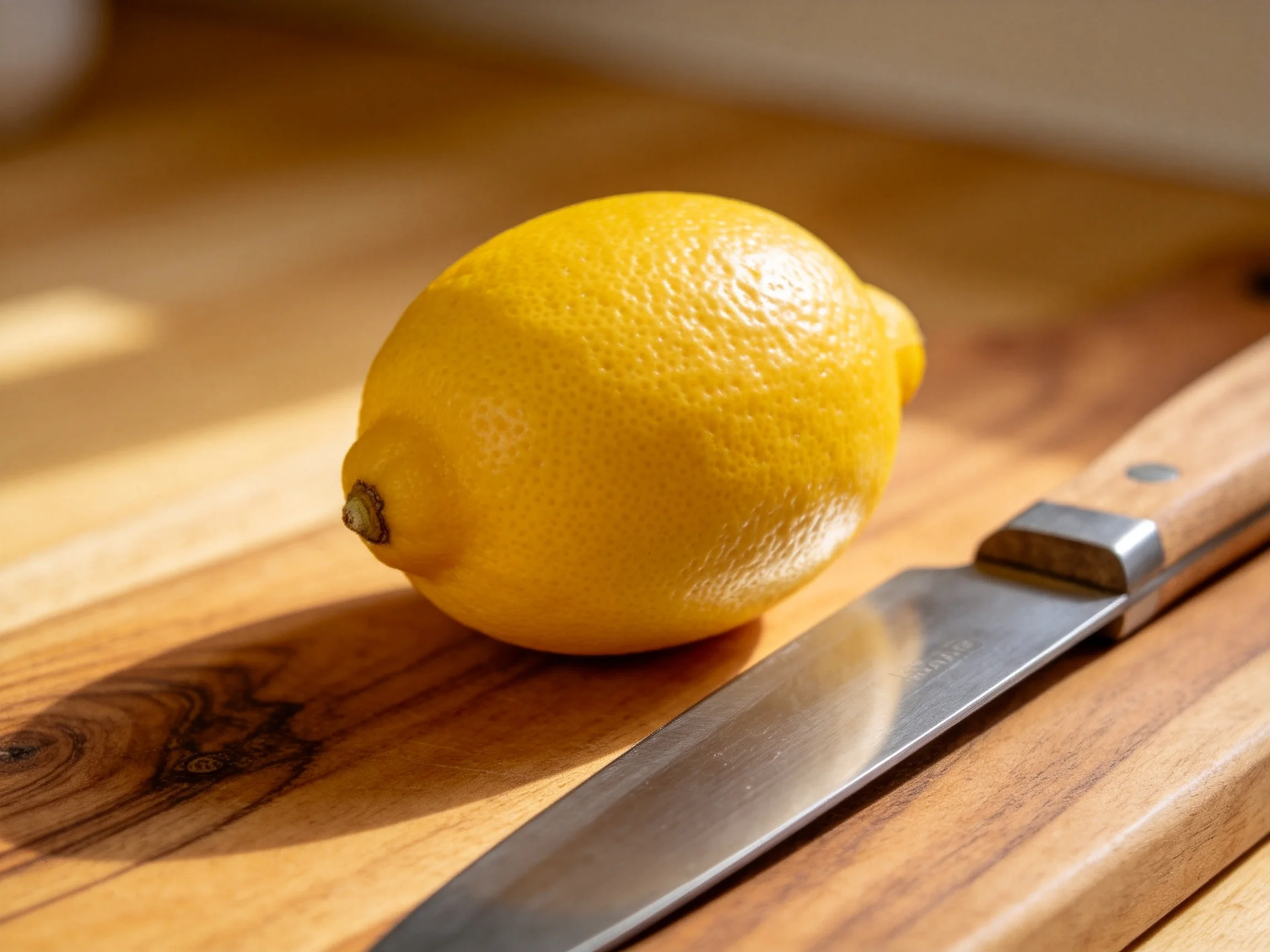 A bright yellow lemon sits beside a stainless steel knife on a wooden cutting board