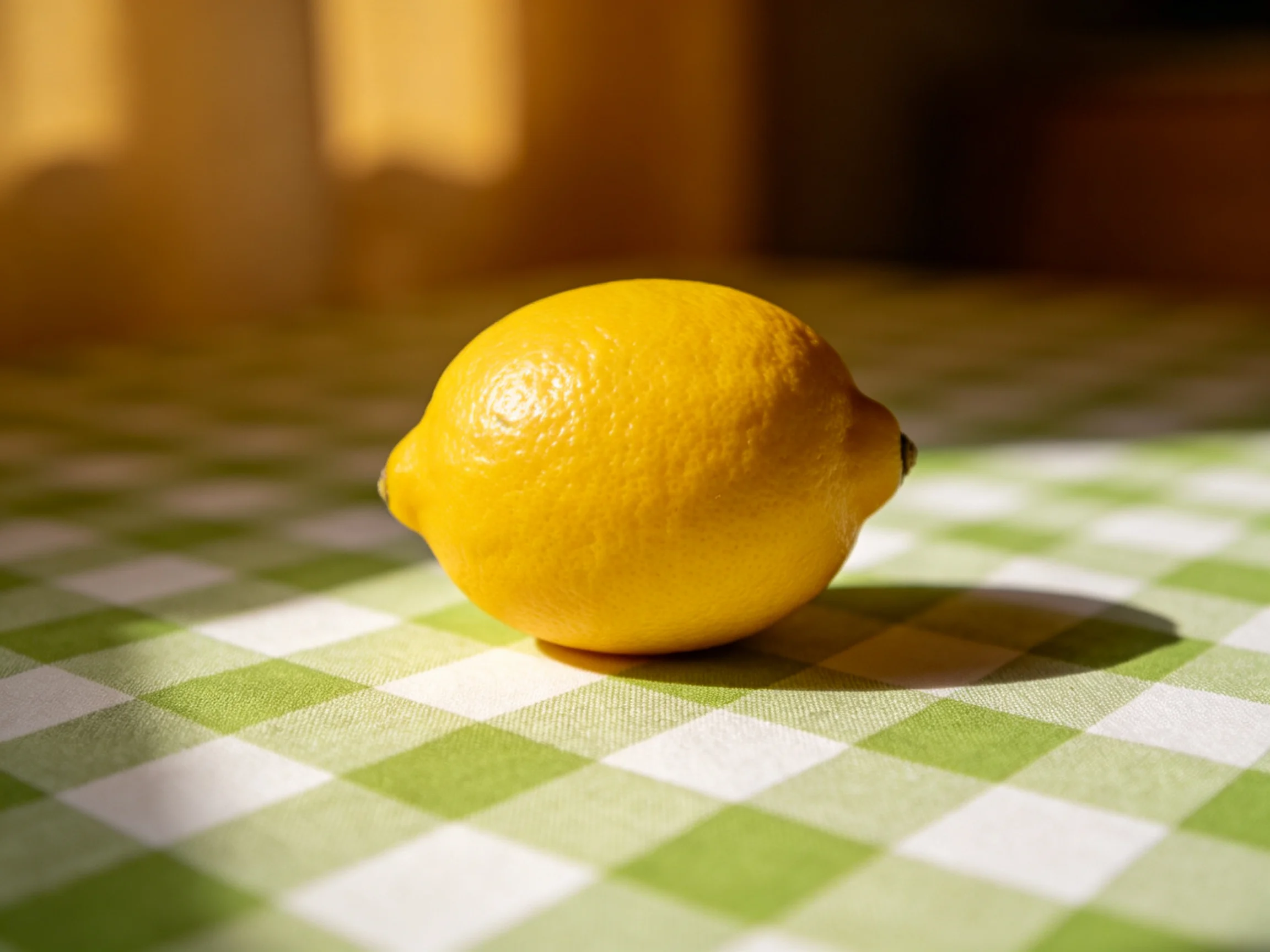 A bright yellow lemon sits on a green and white checkered cloth with warm lighting