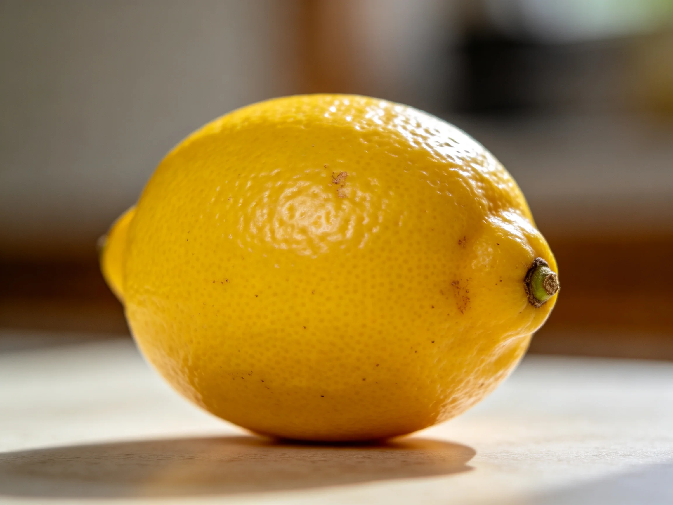 A bright yellow lemon sits on a light surface with soft lighting