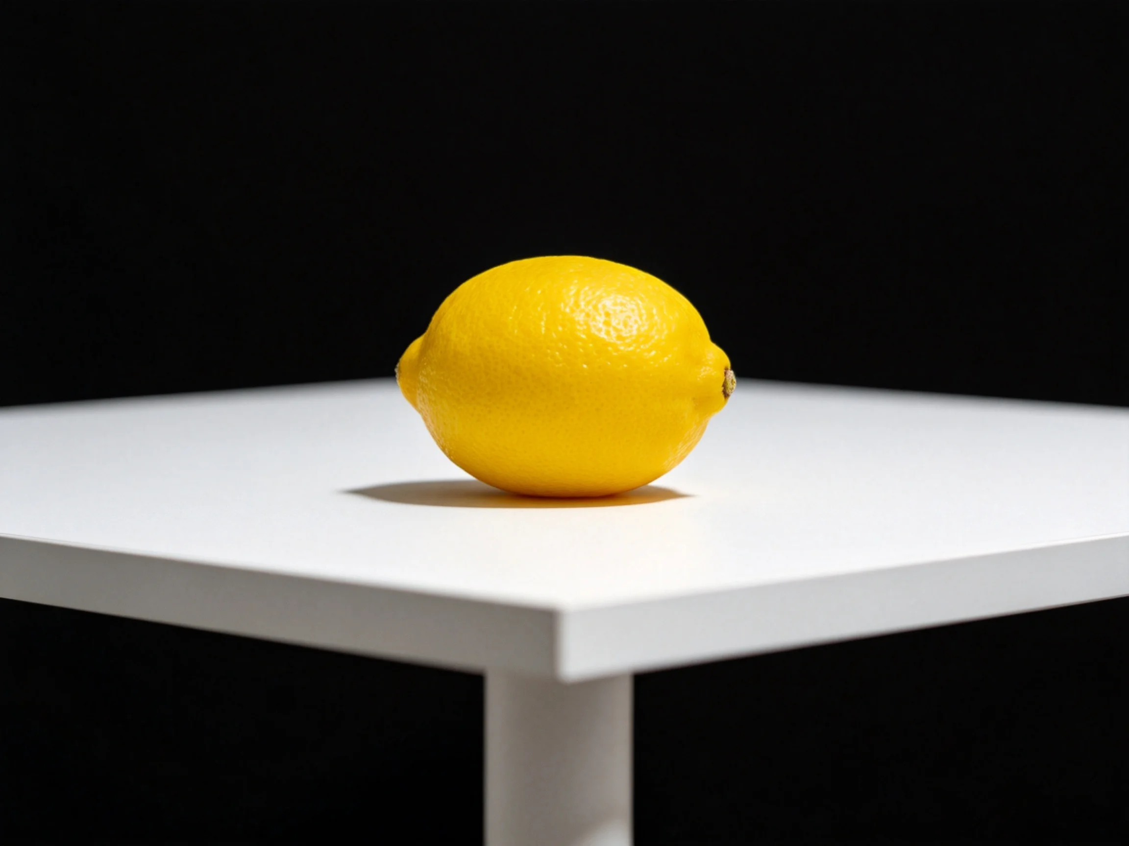 A bright yellow lemon sits on a minimalist white square table