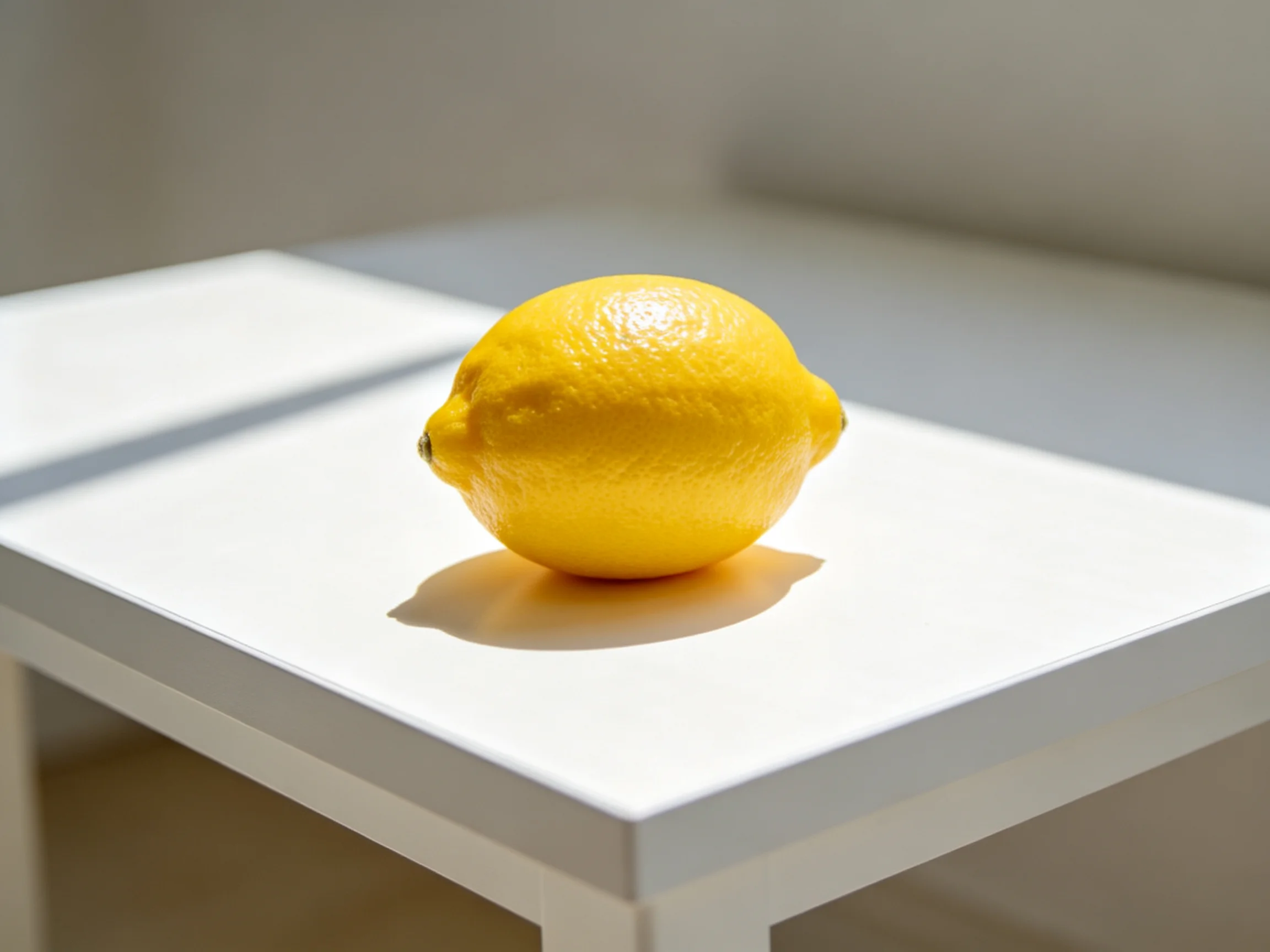 A bright yellow lemon sits on a sleek white table