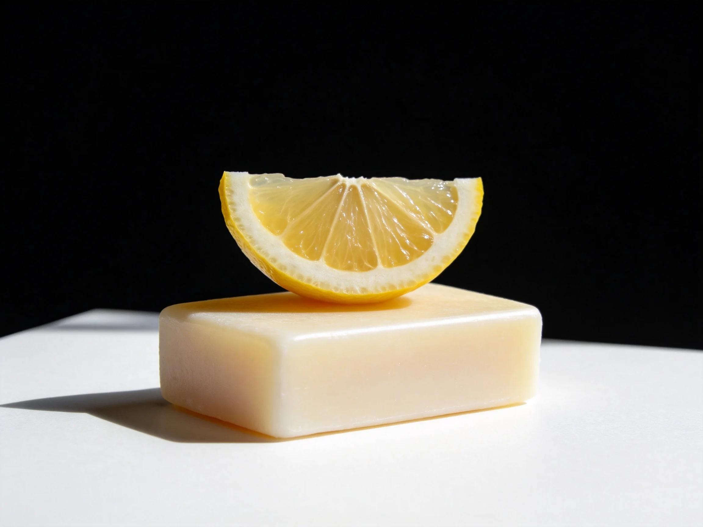 A bright yellow lemon slice rests on a smooth beige soap bar against a black backdrop