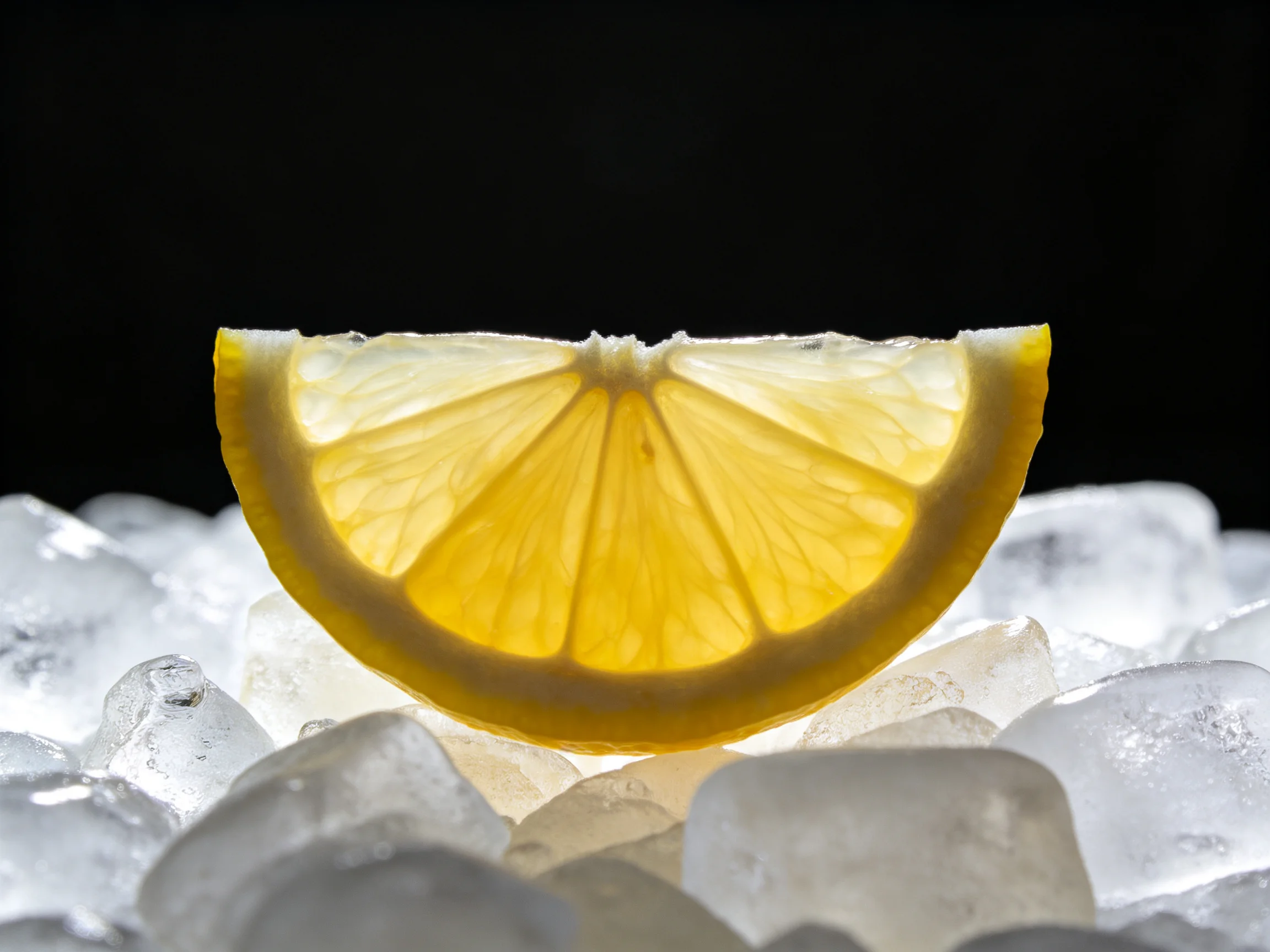A bright yellow lemon slice rests on clear ice cubes with a black backdrop