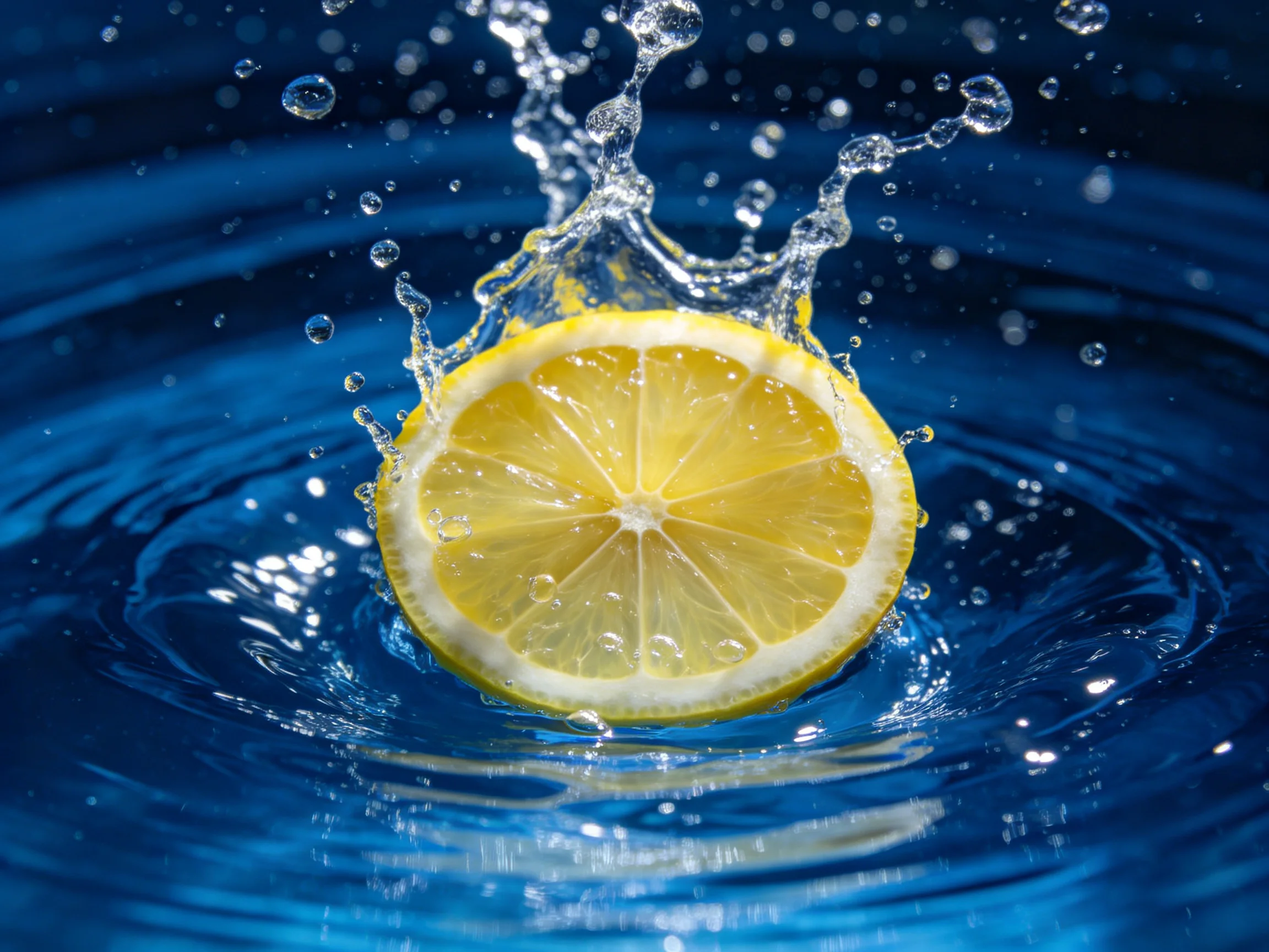 A bright yellow lemon slice splashing into deep blue water