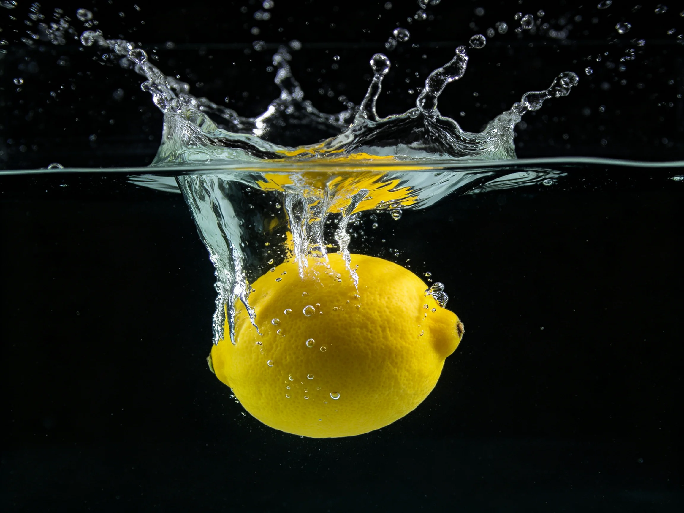 A bright yellow lemon splashes into water with dramatic splash