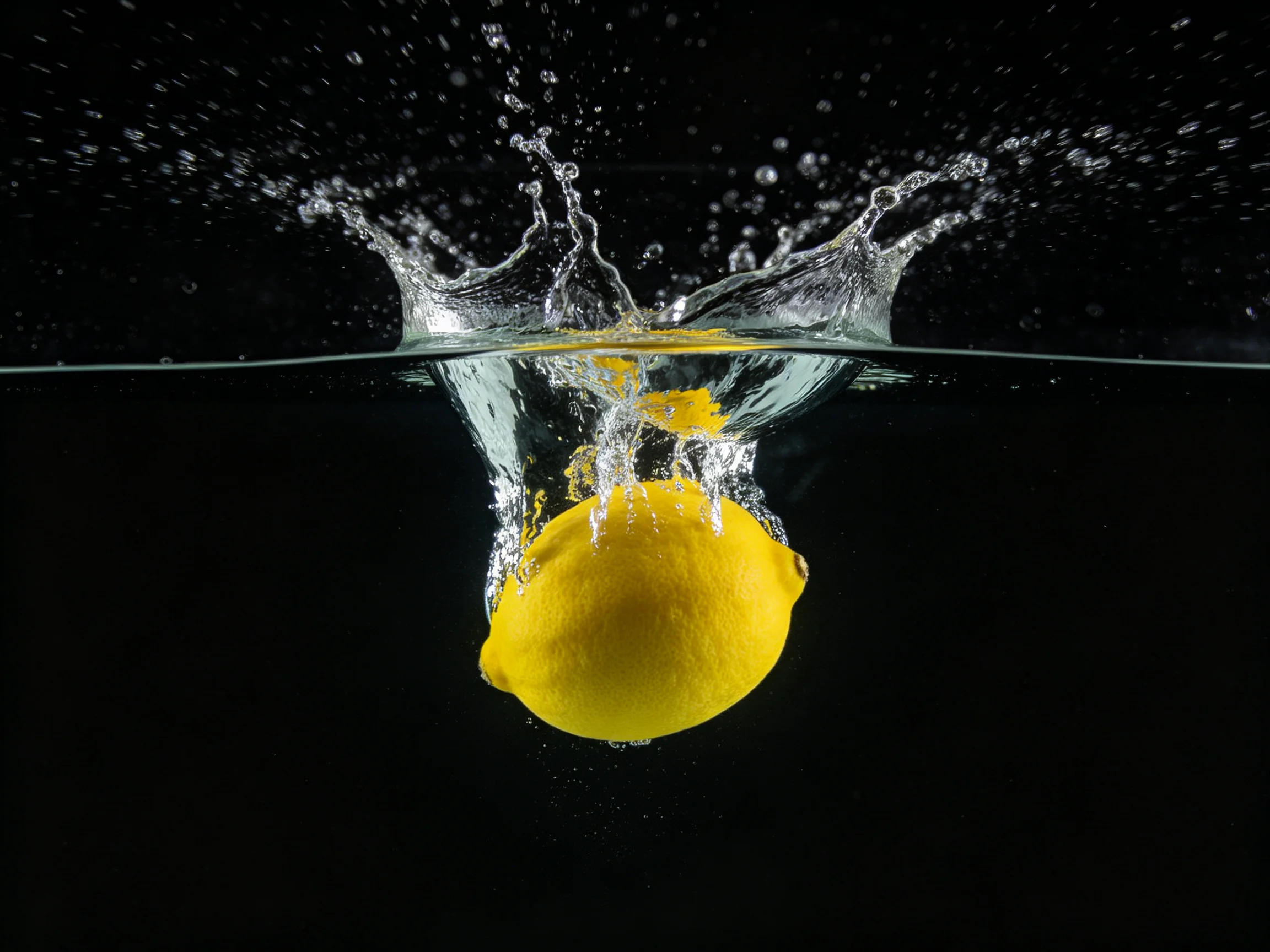 A bright yellow lemon splashing into clear water against a black backdrop