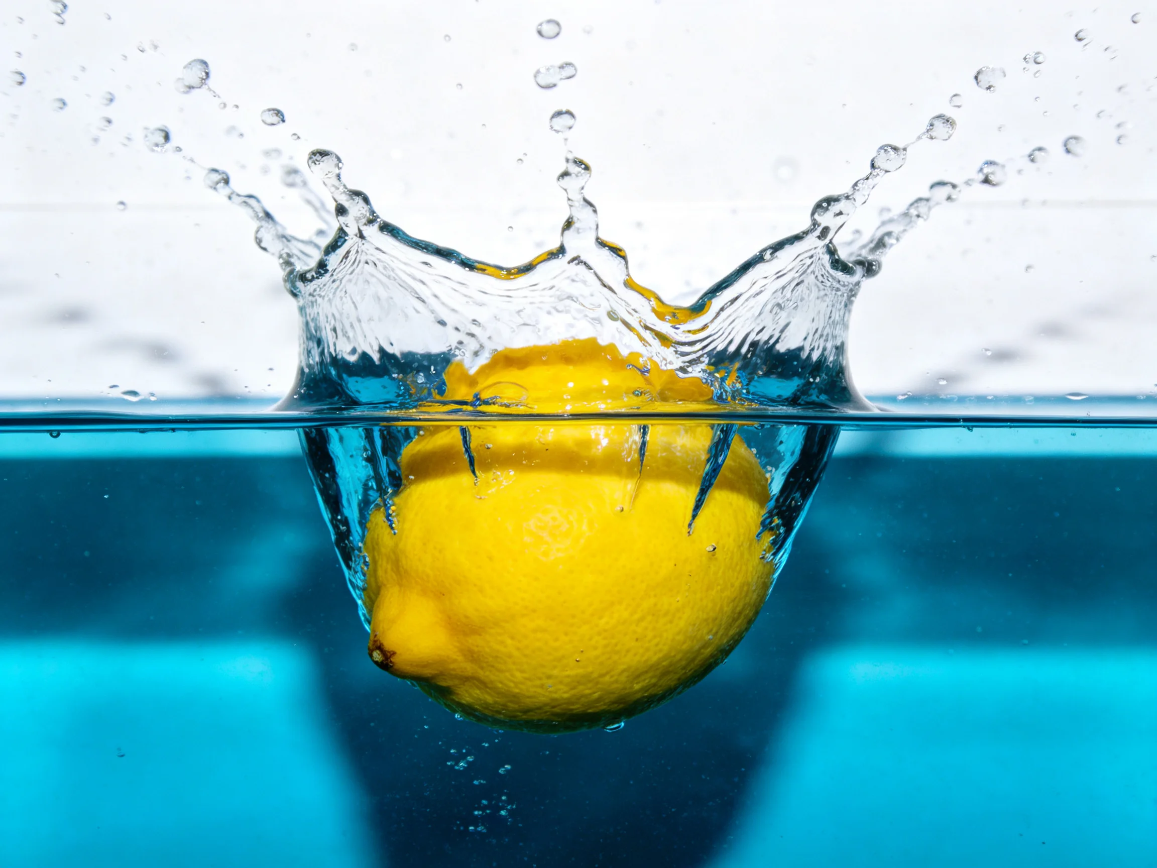 A bright yellow lemon splashing into vibrant blue water with dynamic droplets