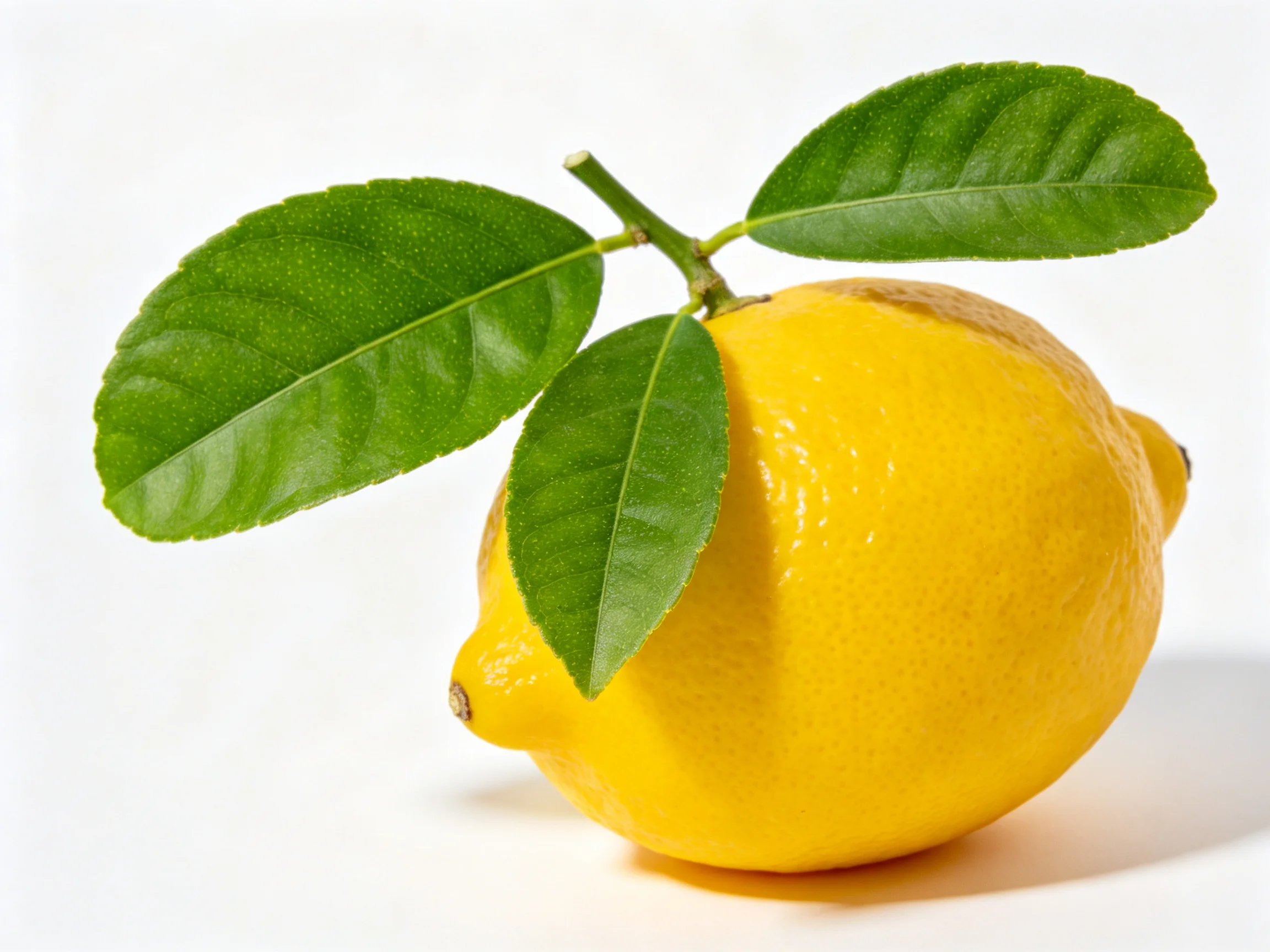 A bright yellow lemon with vibrant green leaves attached