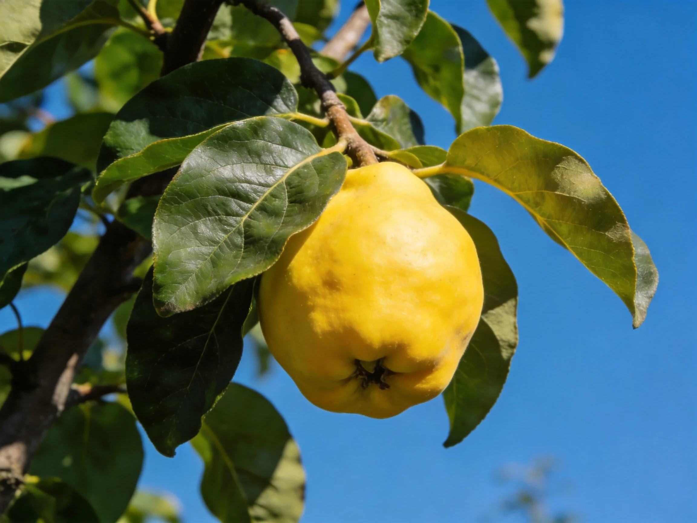 A bright yellow quince hangs among green leaves on a tree