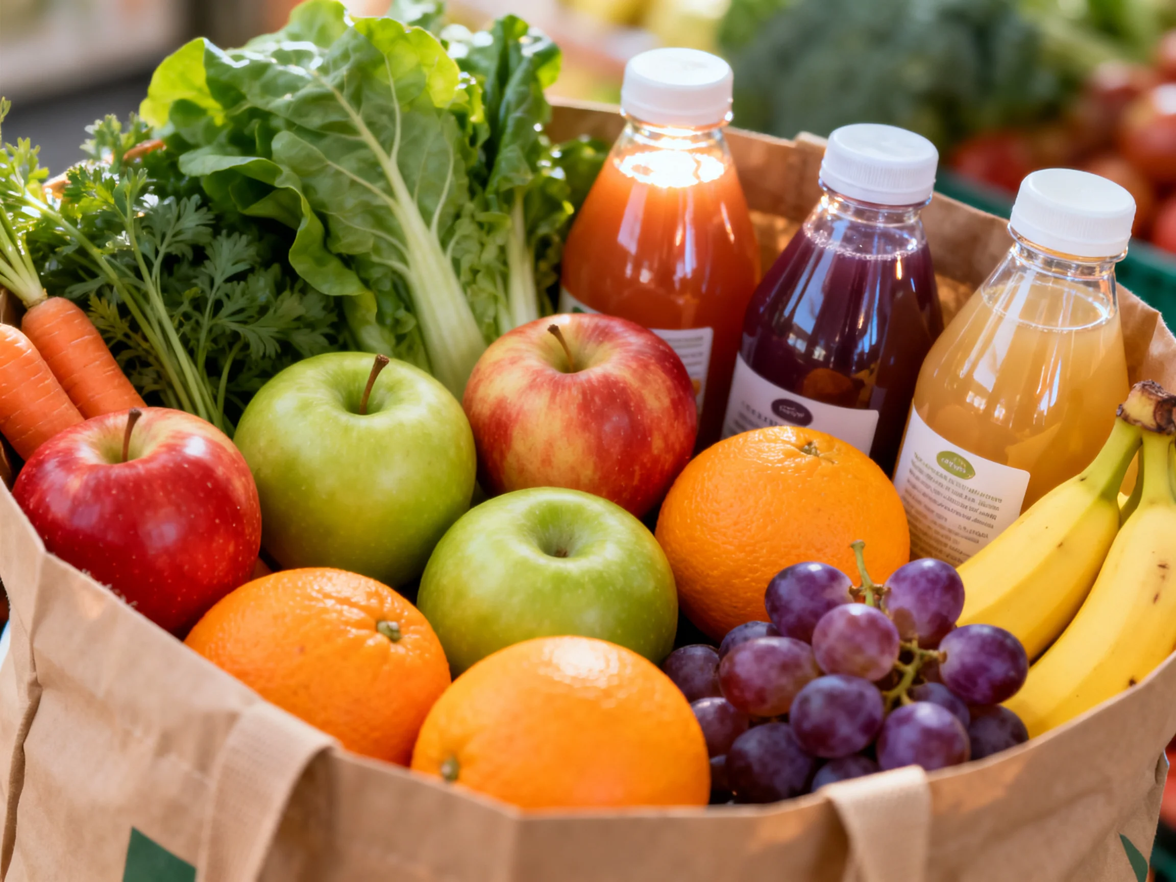 A brown paper bag holds vibrant fruits, vegetables, and three juice bottles