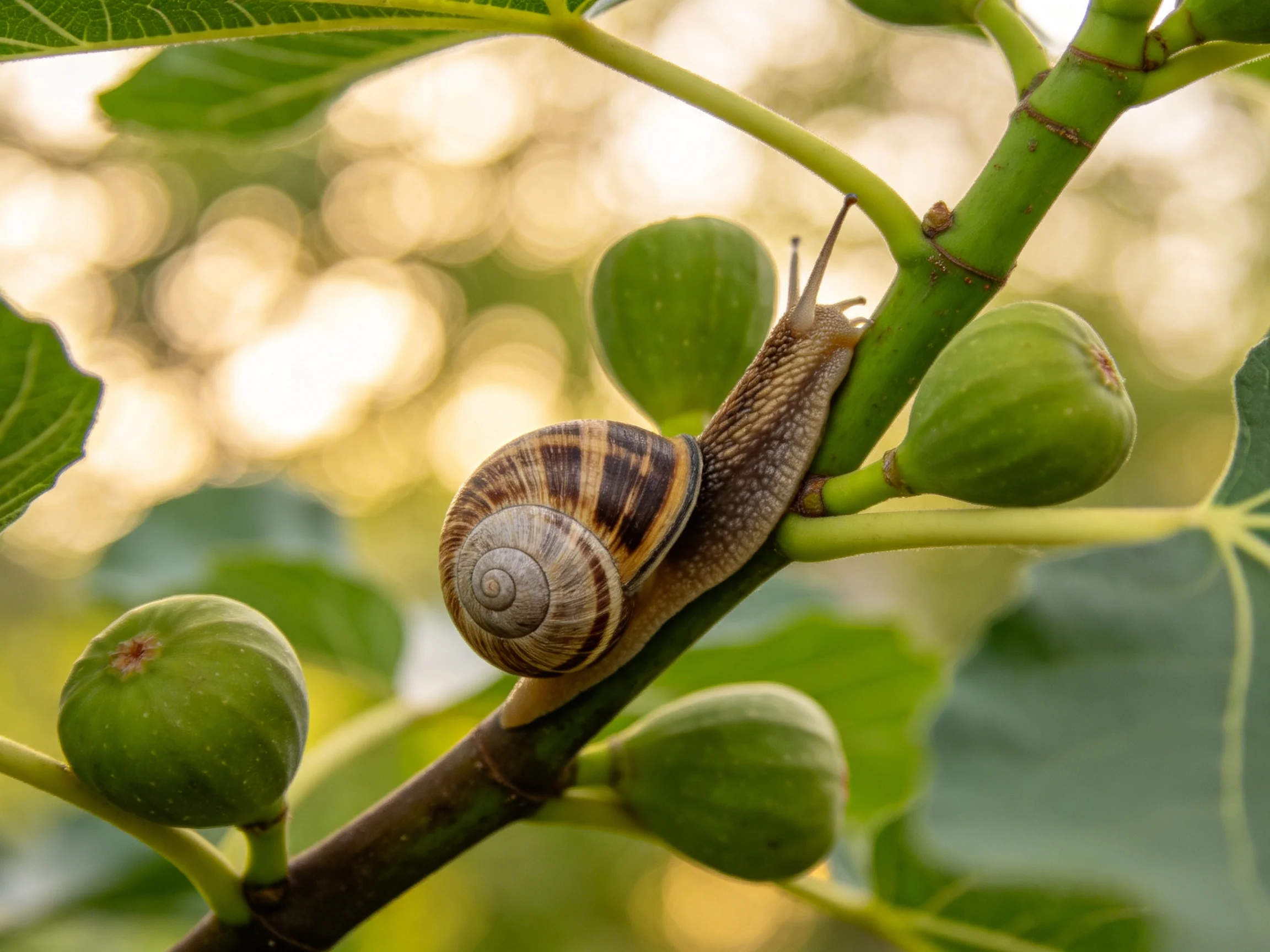 A brown-striped snail crawls on fig tree branches with unripe figs