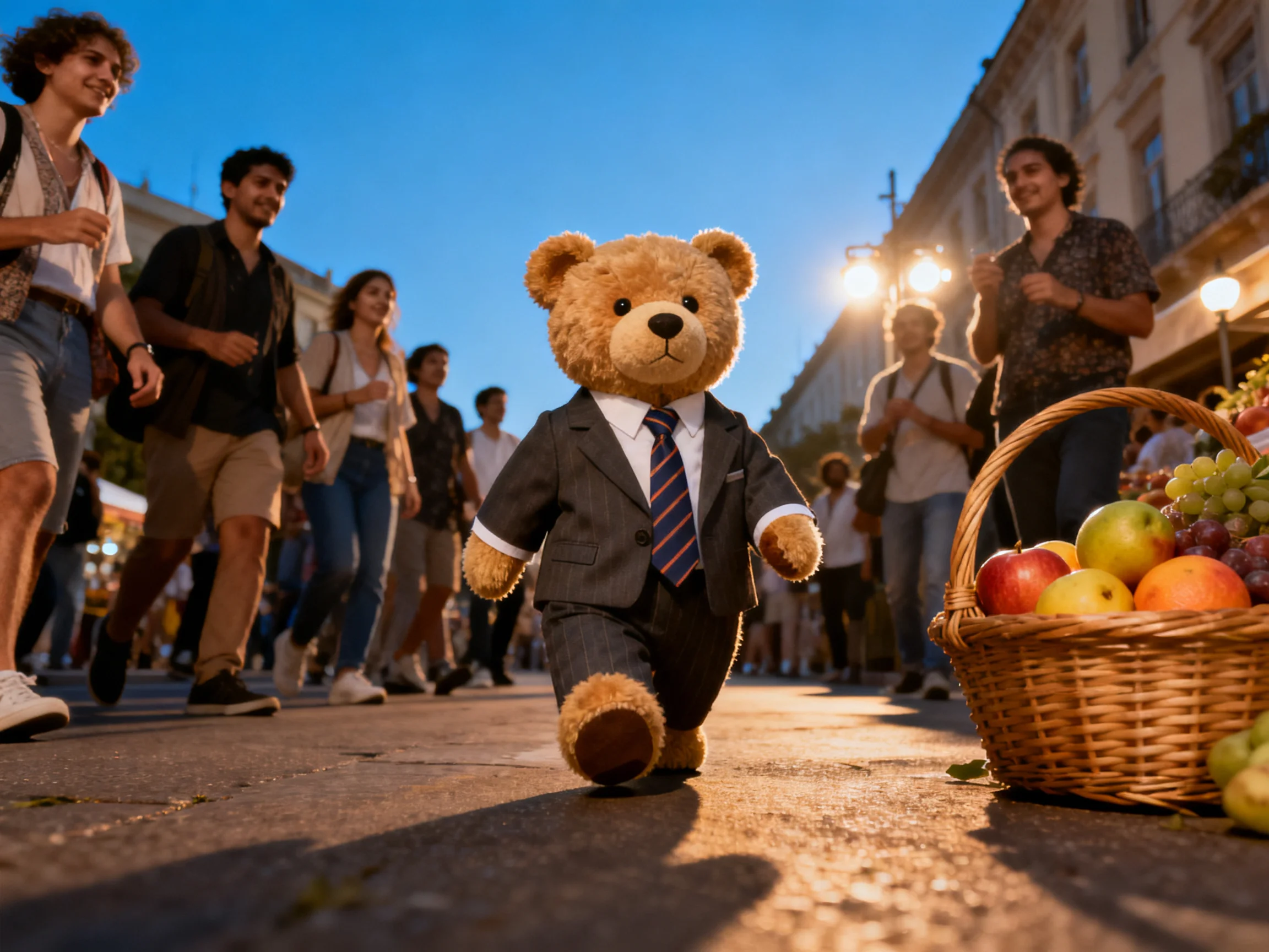 A brown teddy bear in a suit walks through a busy street with pedestrians